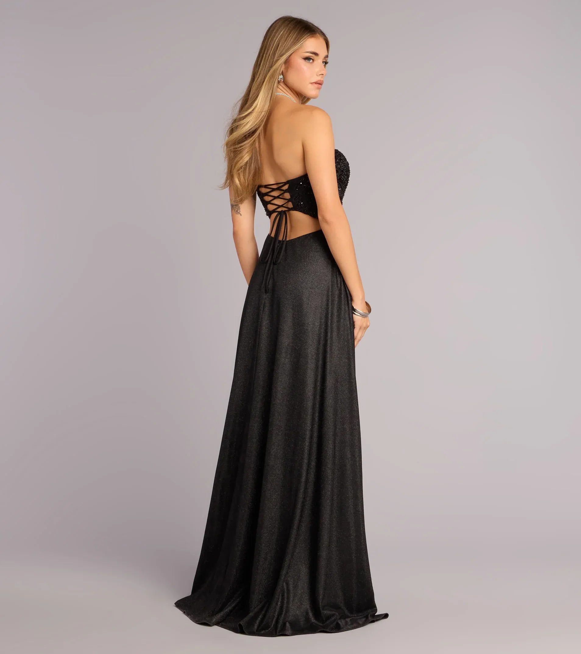 Strapless Sequin-Lace Corset Lace-Up-Back High-Slit Glitter A-Line Maxi Wedding Guest Dress