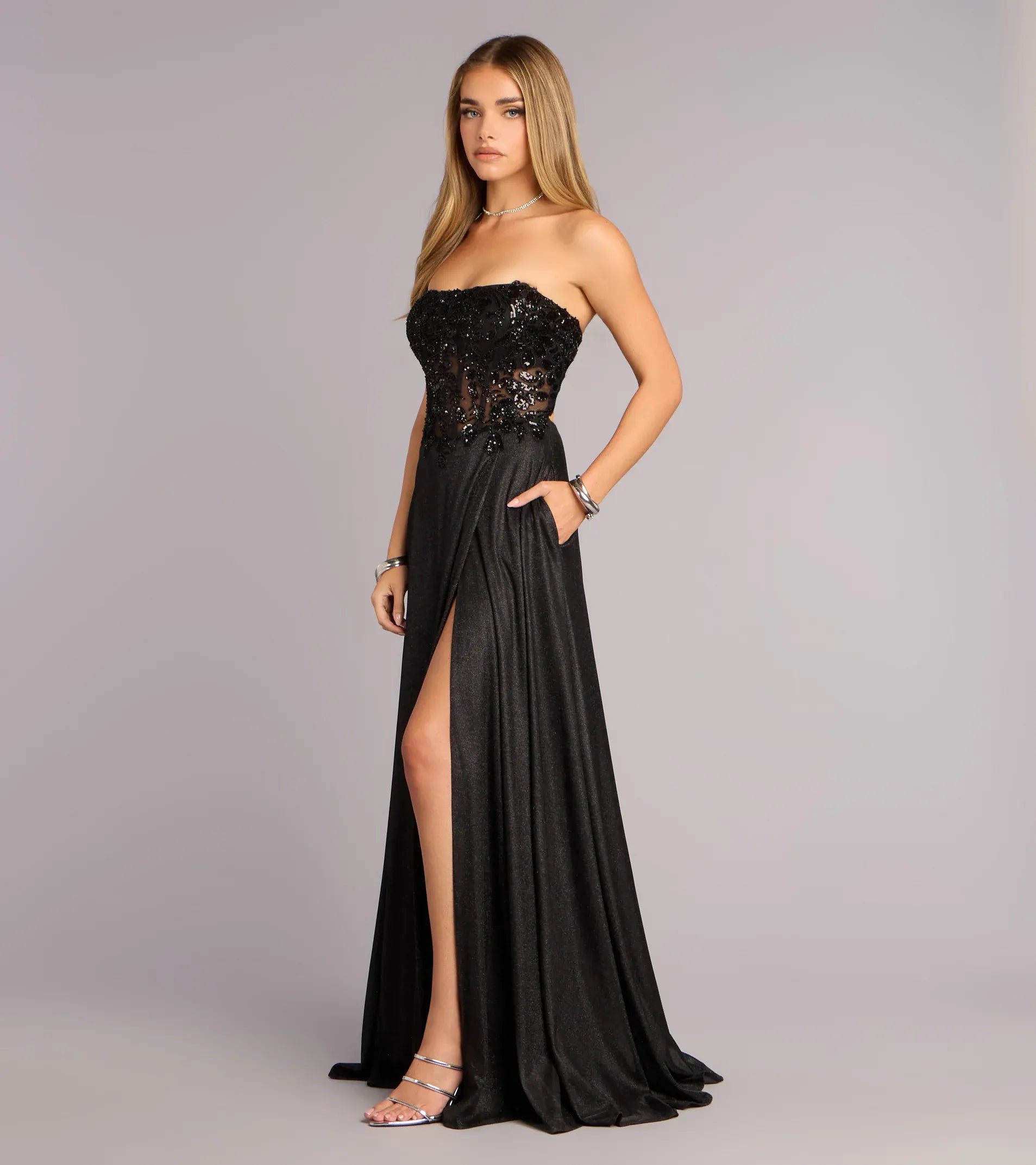 Strapless Sequin-Lace Corset Lace-Up-Back High-Slit Glitter A-Line Maxi Wedding Guest Dress