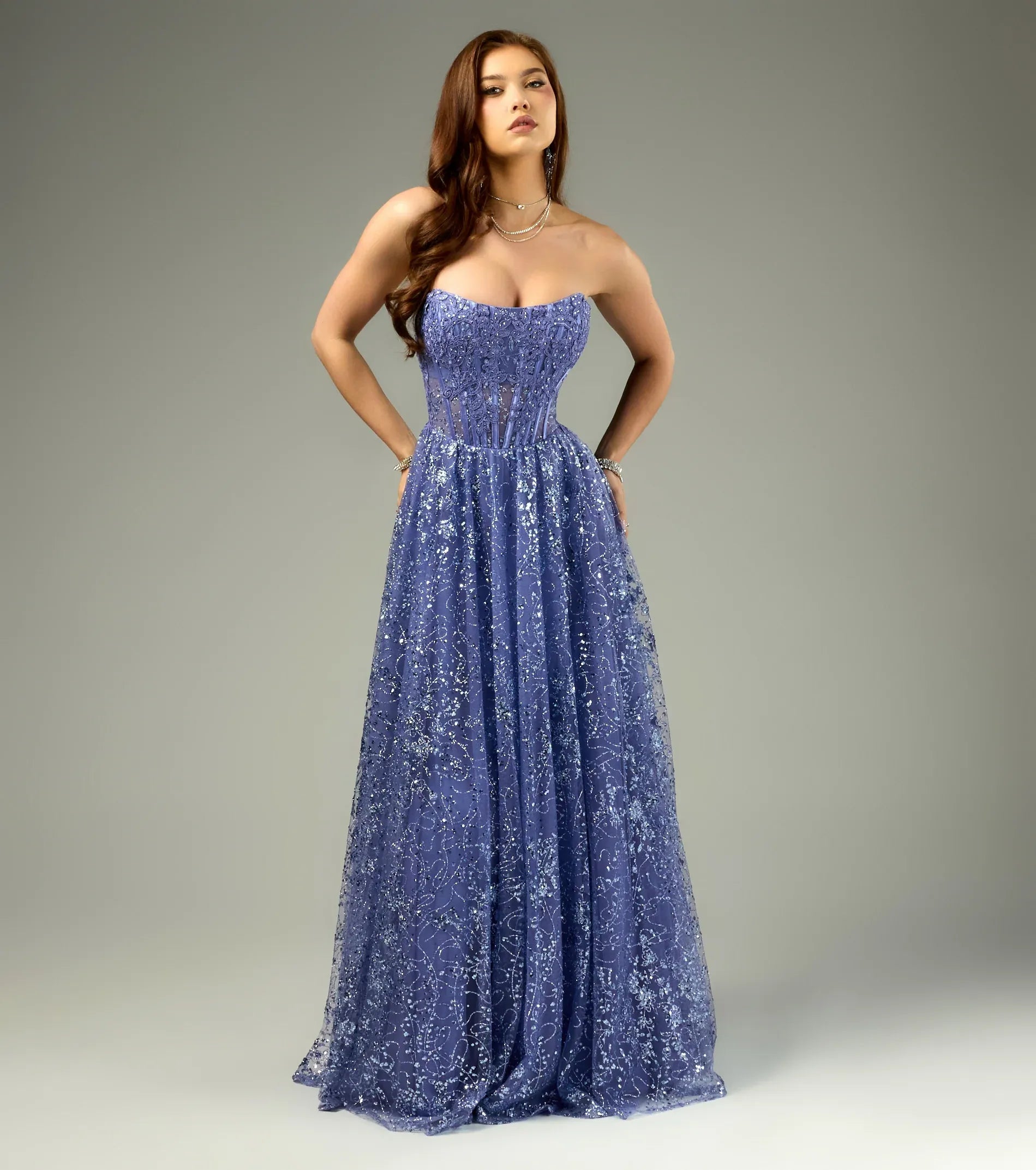 Strapless Sheer Corset Lace-Up Back Starry Sequin Tulle A-Line Maxi Prom Dress