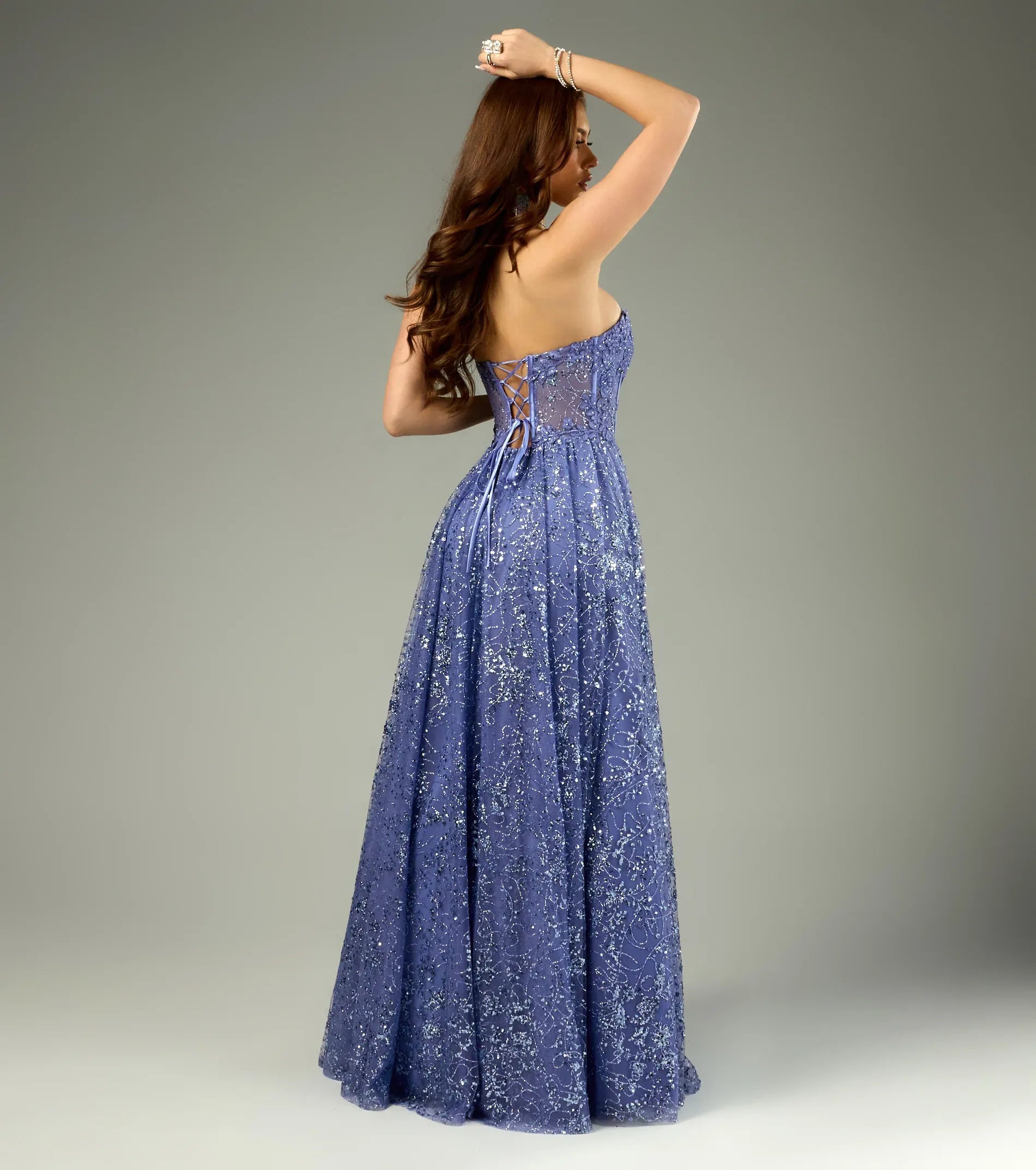 Strapless Sheer Corset Lace-Up Back Starry Sequin Tulle A-Line Maxi Prom Dress