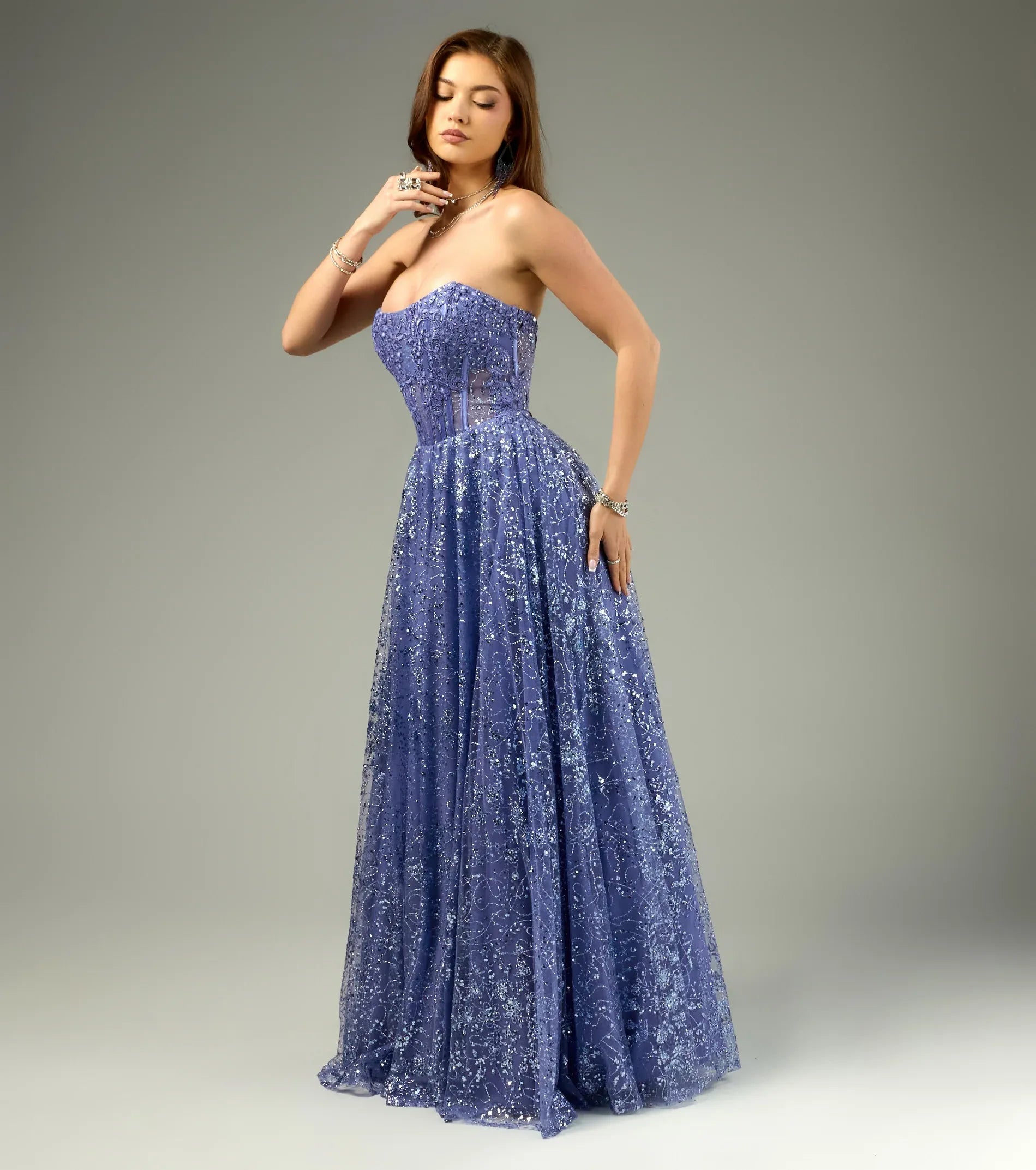 Strapless Sheer Corset Lace-Up Back Starry Sequin Tulle A-Line Maxi Prom Dress