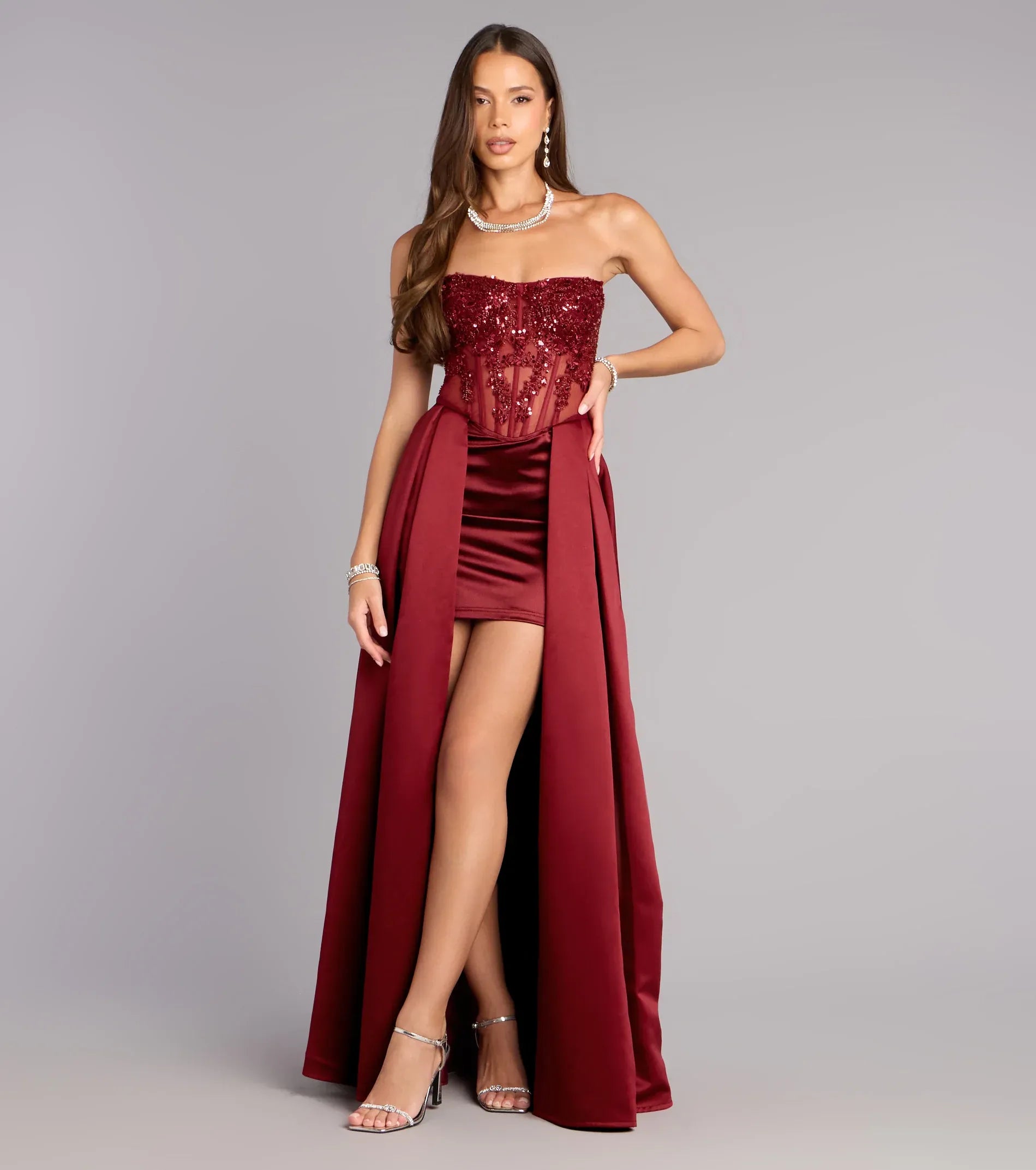 Strapless Sheer Sequin Floral Corset High Slit Overlay Skirt Burgundy Satin Maxi Wedding Guest Dress