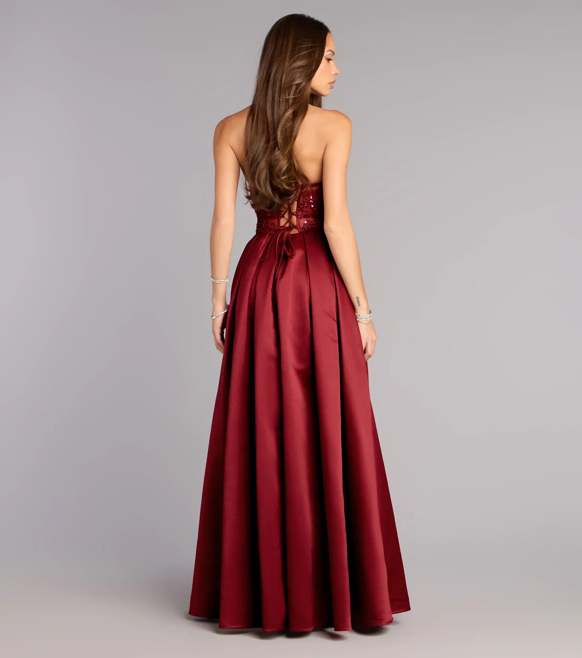 Strapless Sheer Sequin Floral Corset High Slit Overlay Skirt Burgundy Satin Maxi Wedding Guest Dress