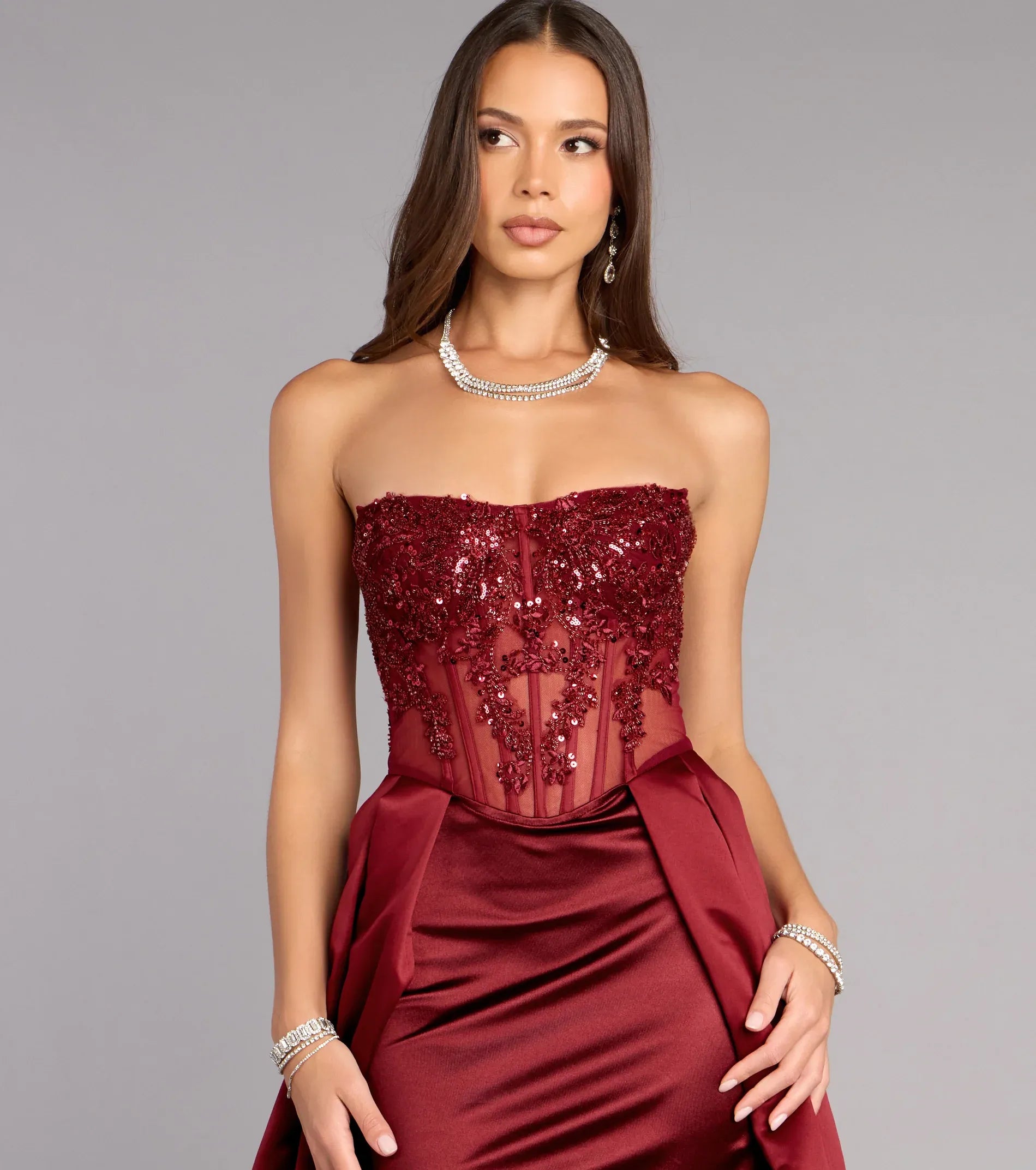 Strapless Sheer Sequin Floral Corset High Slit Overlay Skirt Burgundy Satin Maxi Wedding Guest Dress
