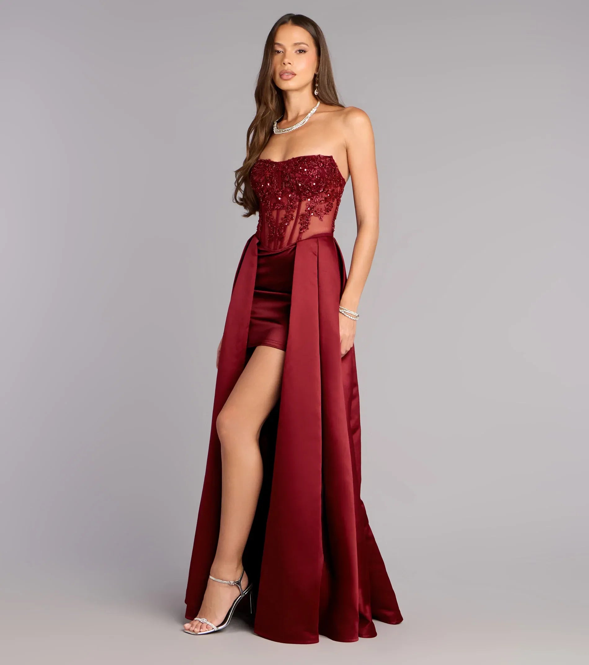 Strapless Sheer Sequin Floral Corset High Slit Overlay Skirt Burgundy Satin Maxi Wedding Guest Dress