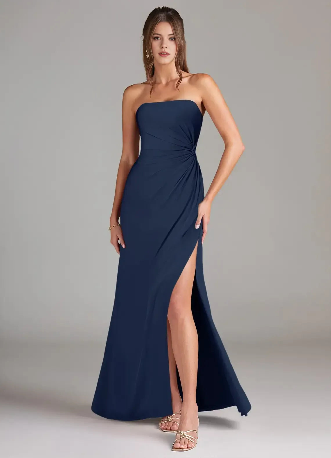 Strapless Side Twist Ruched High Slit A Line Chiffon Long Bridesmaid Dress