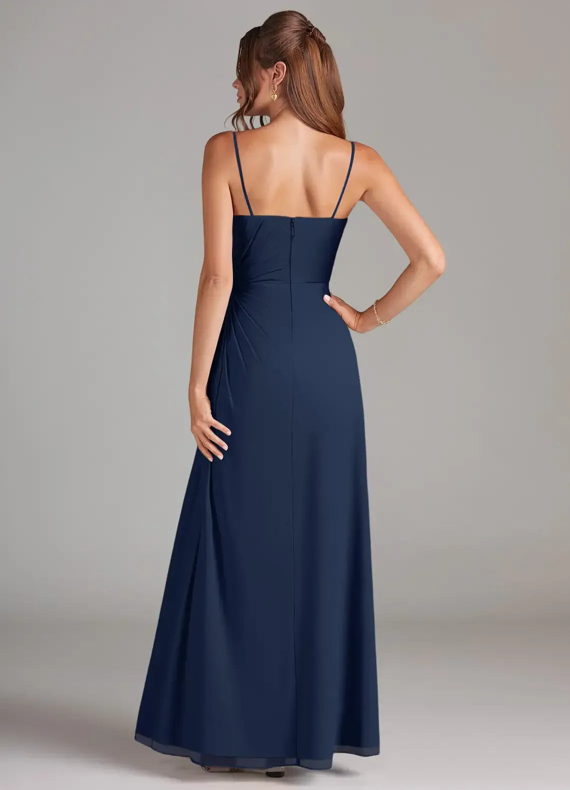 Strapless Side Twist Ruched High Slit A Line Chiffon Long Bridesmaid Dress
