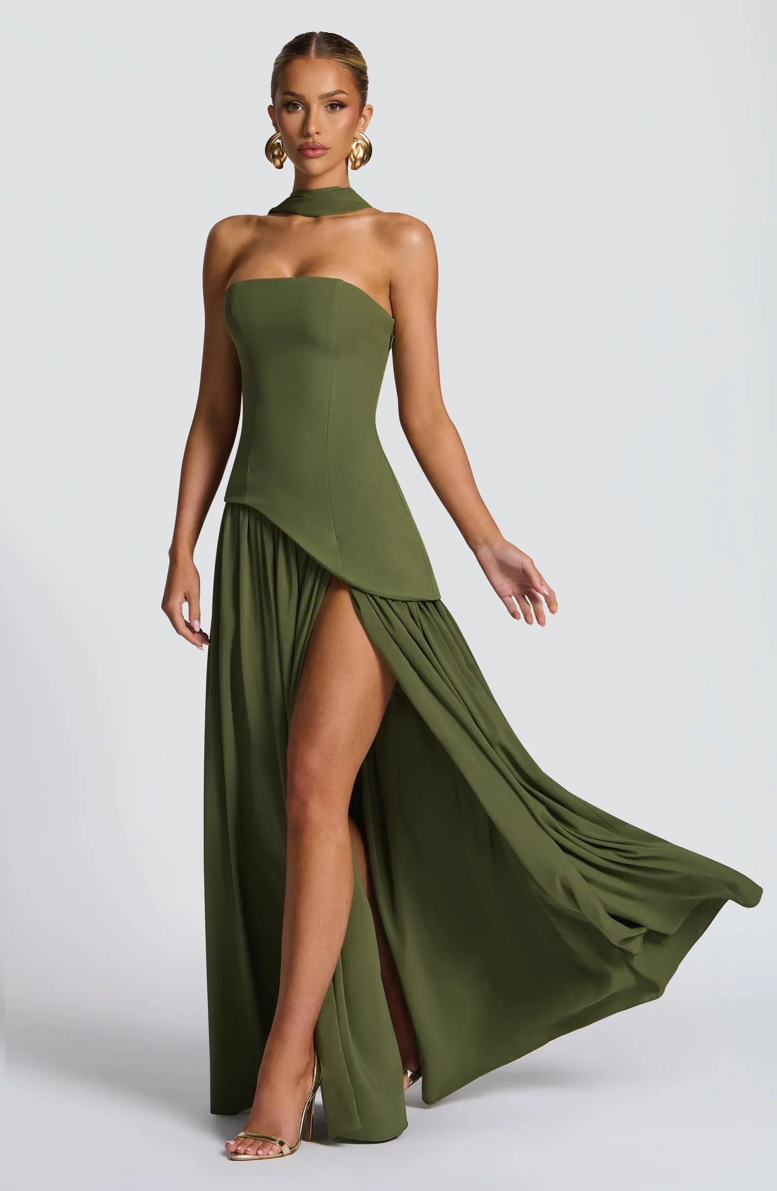 Strapless Square Neck Choker Sash Asymmetrical Corset High Slit Olive Green Two Fabric A Line Maxi Wedding Guest Dresses