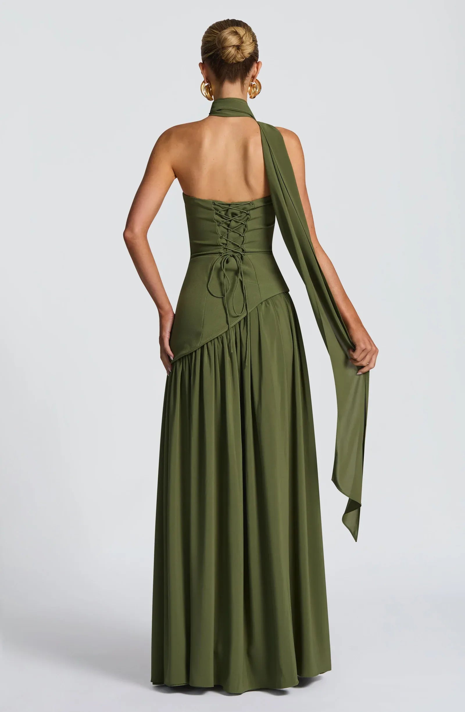 Strapless Square Neck Choker Sash Asymmetrical Corset High Slit Olive Green Two Fabric A Line Maxi Wedding Guest Dresses