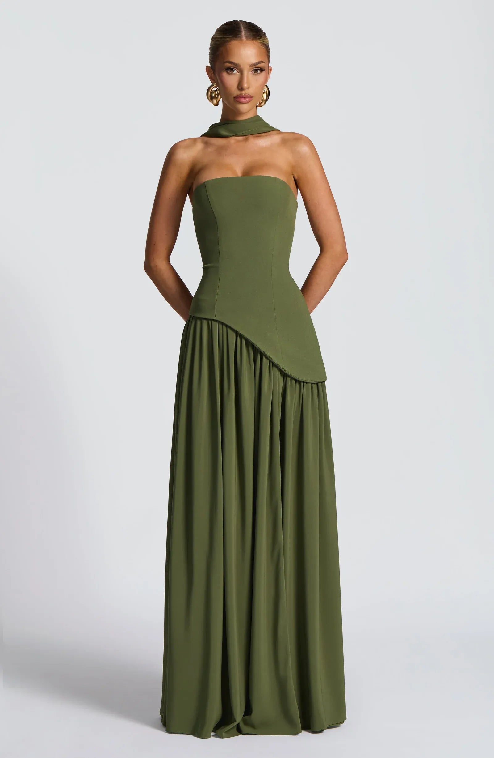 Strapless Square Neck Choker Sash Asymmetrical Corset High Slit Olive Green Two Fabric A Line Maxi Wedding Guest Dresses