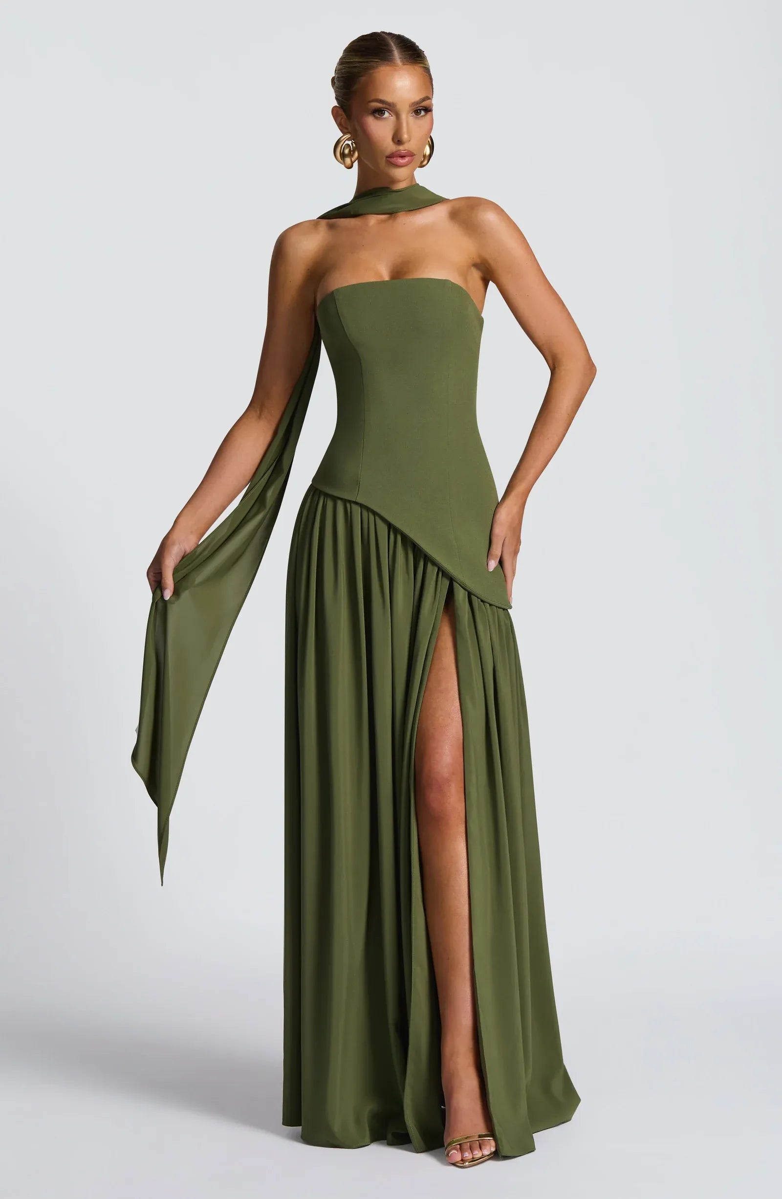 Strapless Square Neck Choker Sash Asymmetrical Corset High Slit Olive Green Two Fabric A Line Maxi Wedding Guest Dresses