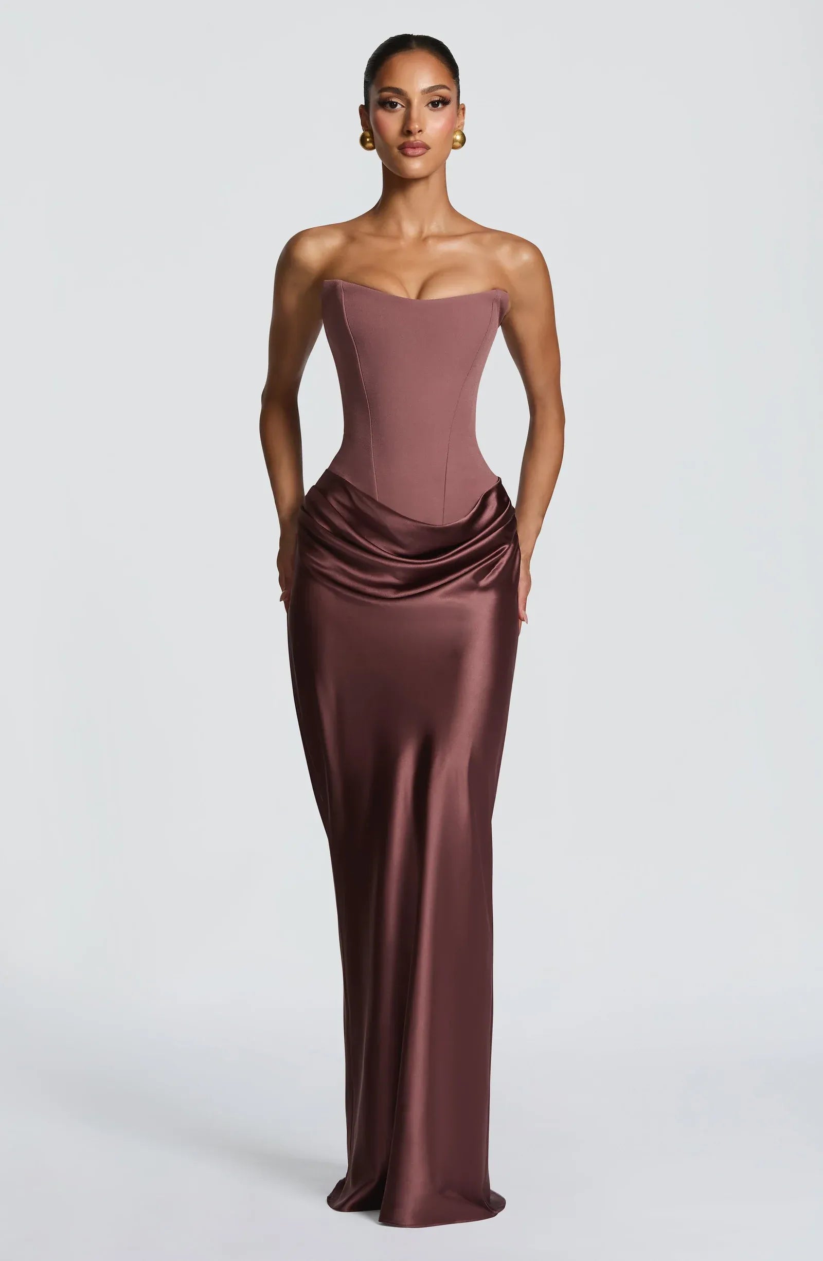 Strapless Straight Corset Waist Draped Satin Mermaid Maxi Wedding Guest Dresses