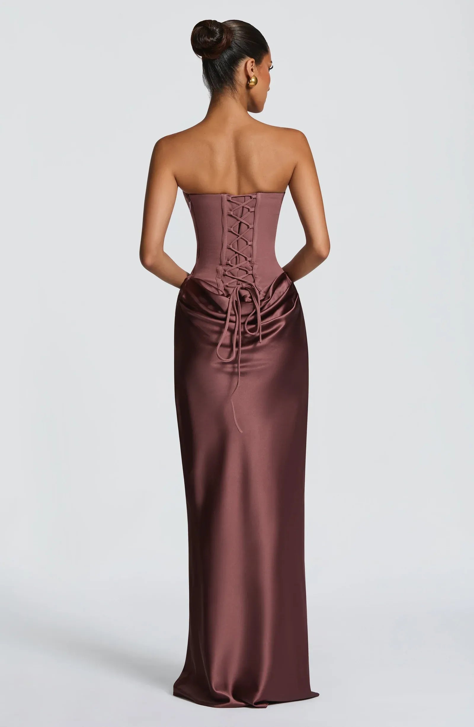 Strapless Straight Corset Waist Draped Satin Mermaid Maxi Wedding Guest Dresses