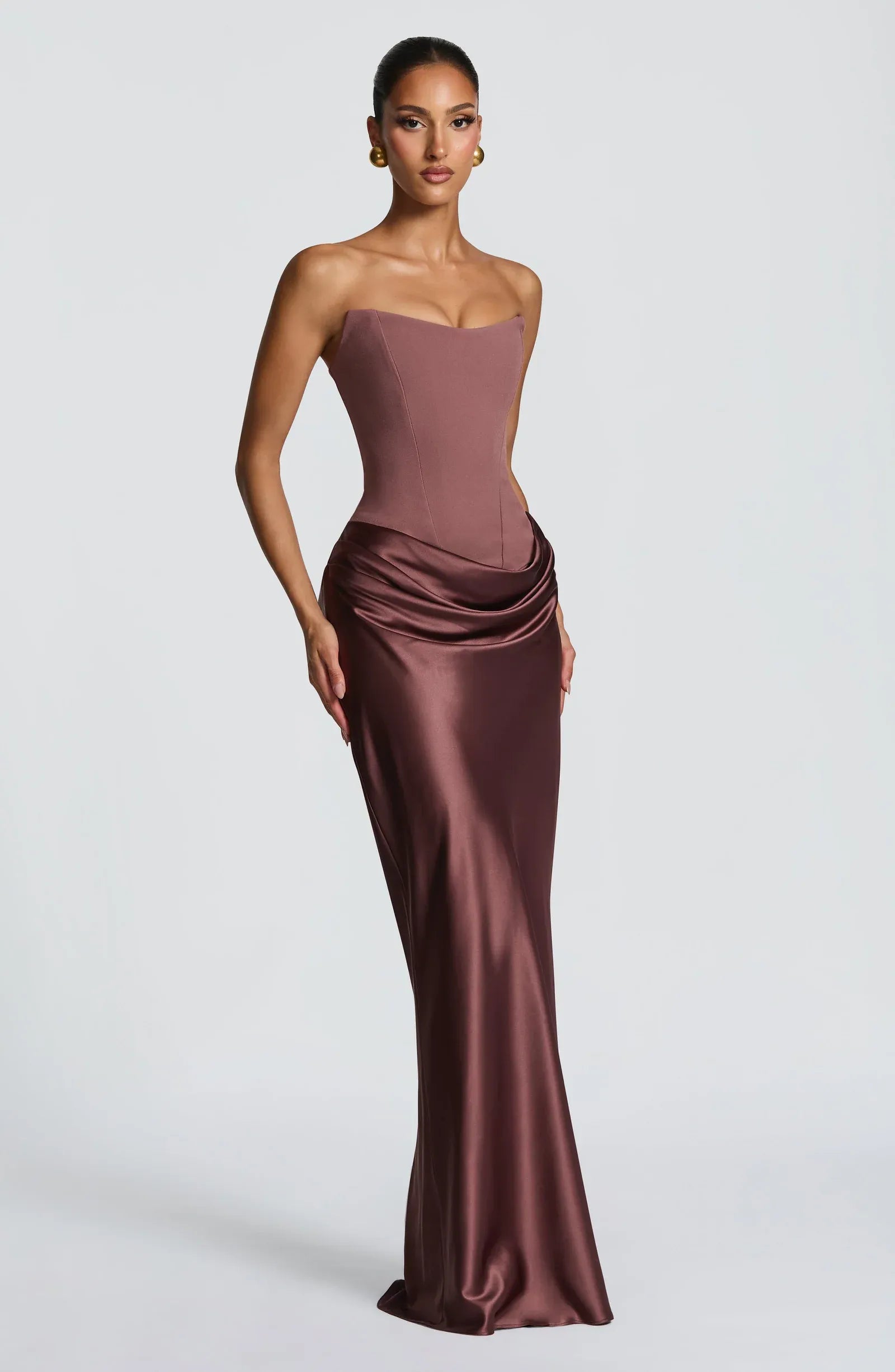 Strapless Straight Corset Waist Draped Satin Mermaid Maxi Wedding Guest Dresses