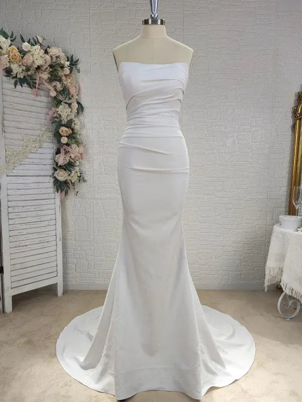 Strapless Straight Neck Cross Ruched Matte Satin Mermaid Wedding Dress