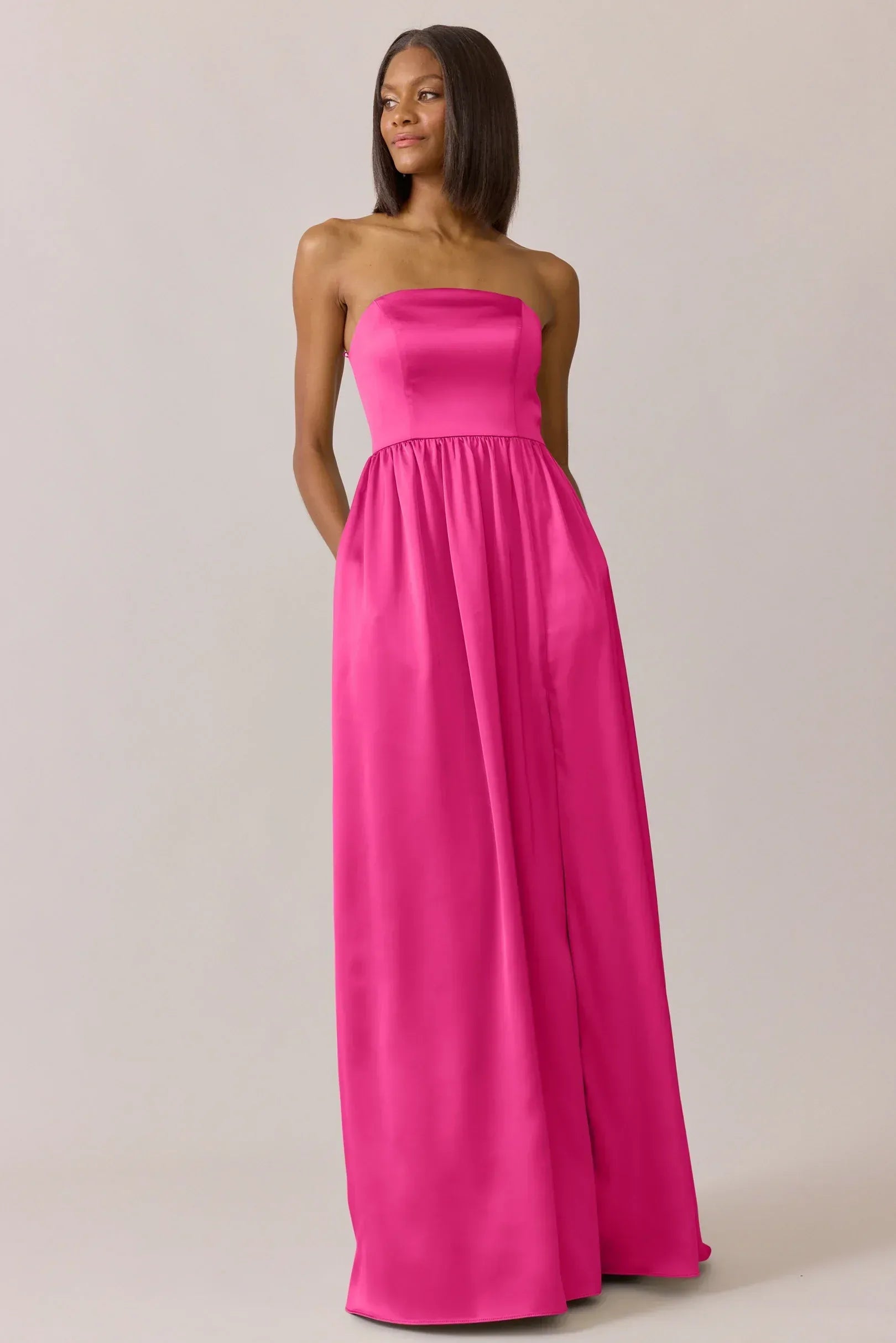 Strapless Straight Neck Gathered Waist A Line Satin Long Bridesmaid Dress