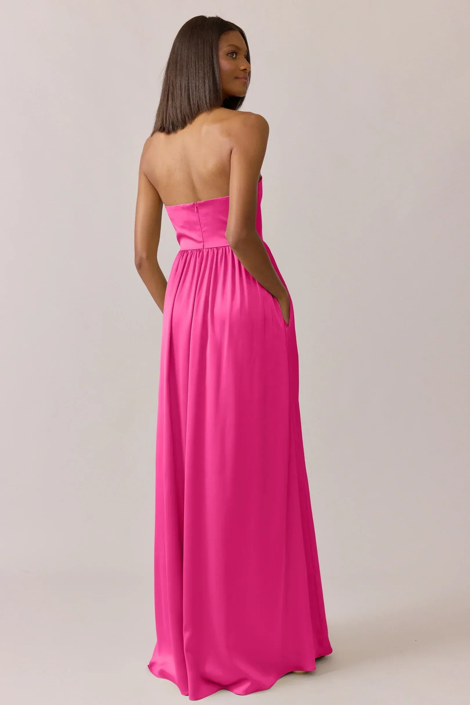 Strapless Straight Neck Gathered Waist A Line Satin Long Bridesmaid Dress
