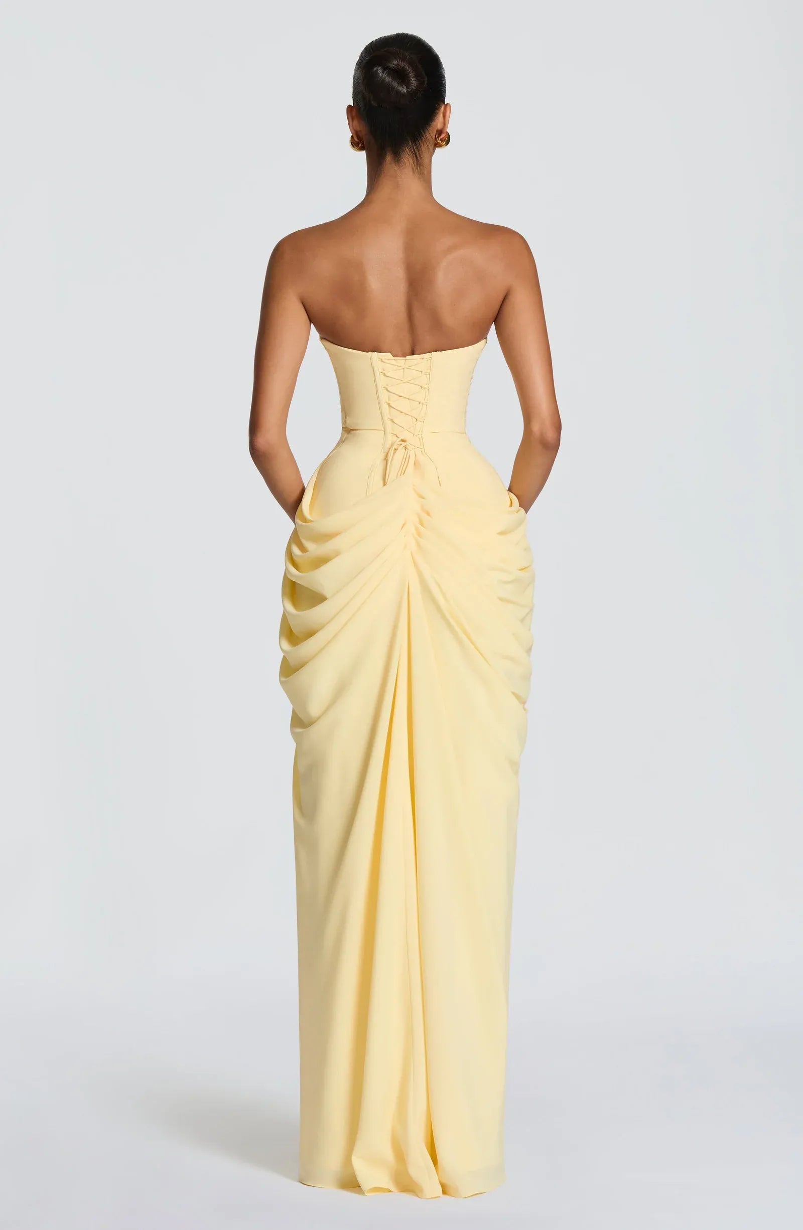 Strapless Straight Neck Ruched Bodice Side Draped High Slit Criss Cross Back Lace Up Pale Yellow Jersey Mermaid Maxi Wedding Guest Dresses