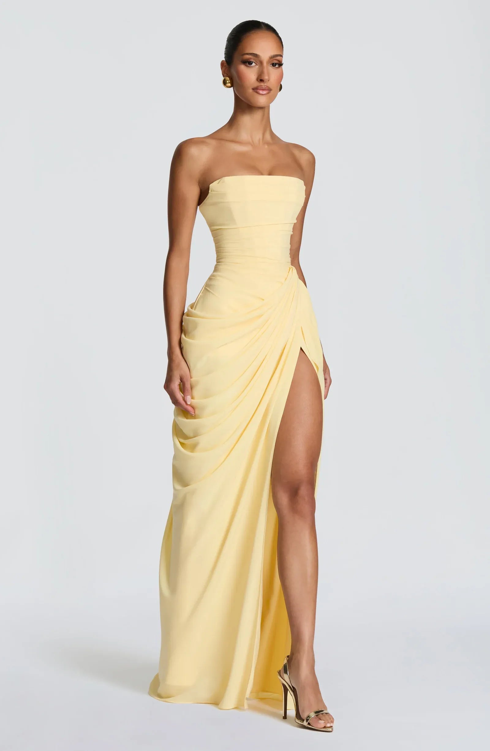 Strapless Straight Neck Ruched Bodice Side Draped High Slit Criss Cross Back Lace Up Pale Yellow Jersey Mermaid Maxi Wedding Guest Dresses