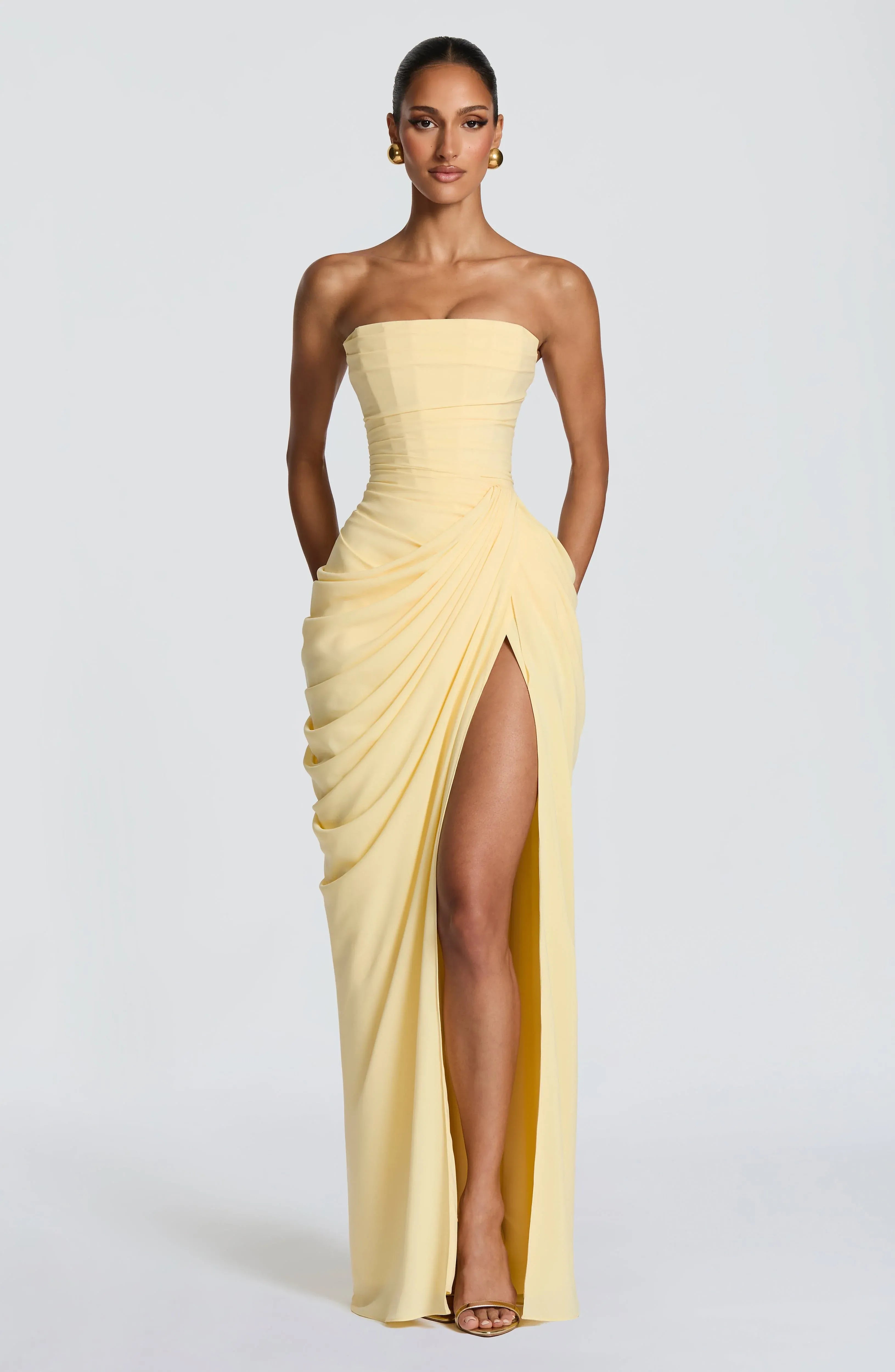Strapless Straight Neck Ruched Bodice Side Draped High Slit Criss Cross Back Lace Up Pale Yellow Jersey Mermaid Maxi Wedding Guest Dresses