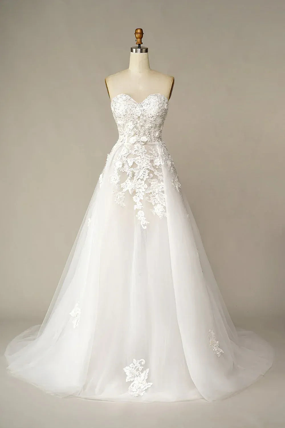Strapless Sweetheart 3D Floral Lace Beaded Tulle A-Line Wedding Dress With Train