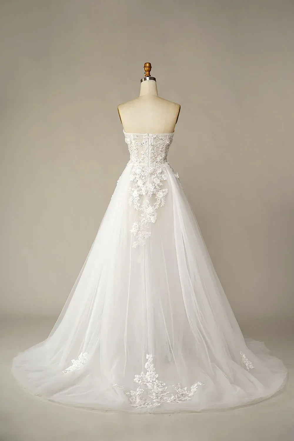 Strapless Sweetheart 3D Floral Lace Beaded Tulle A-Line Wedding Dress With Train