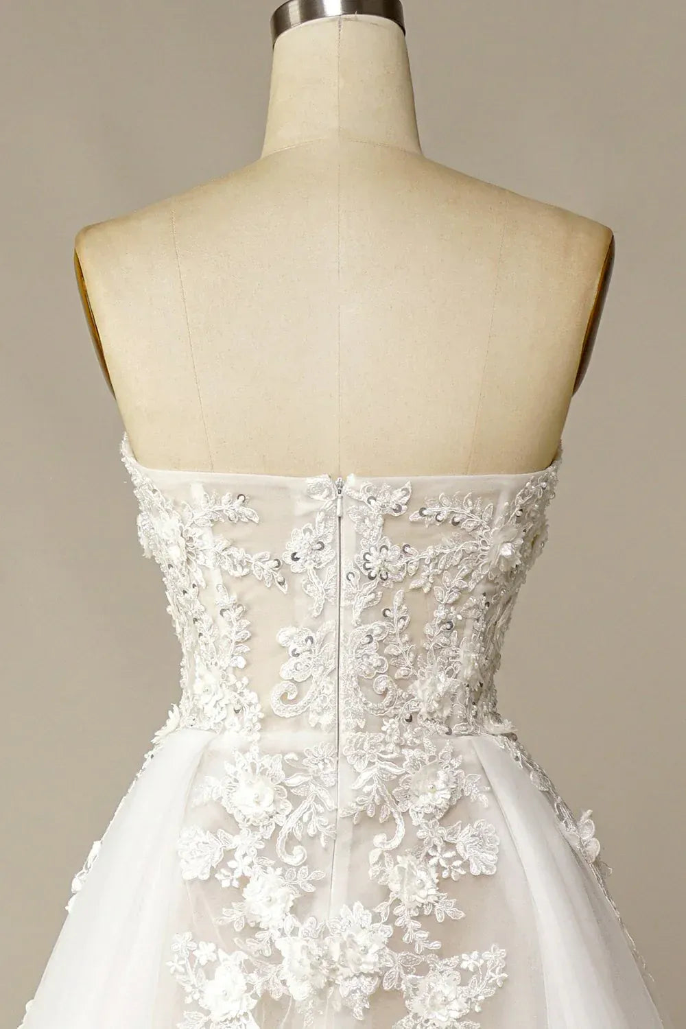 Strapless Sweetheart 3D Floral Lace Beaded Tulle A-Line Wedding Dress With Train