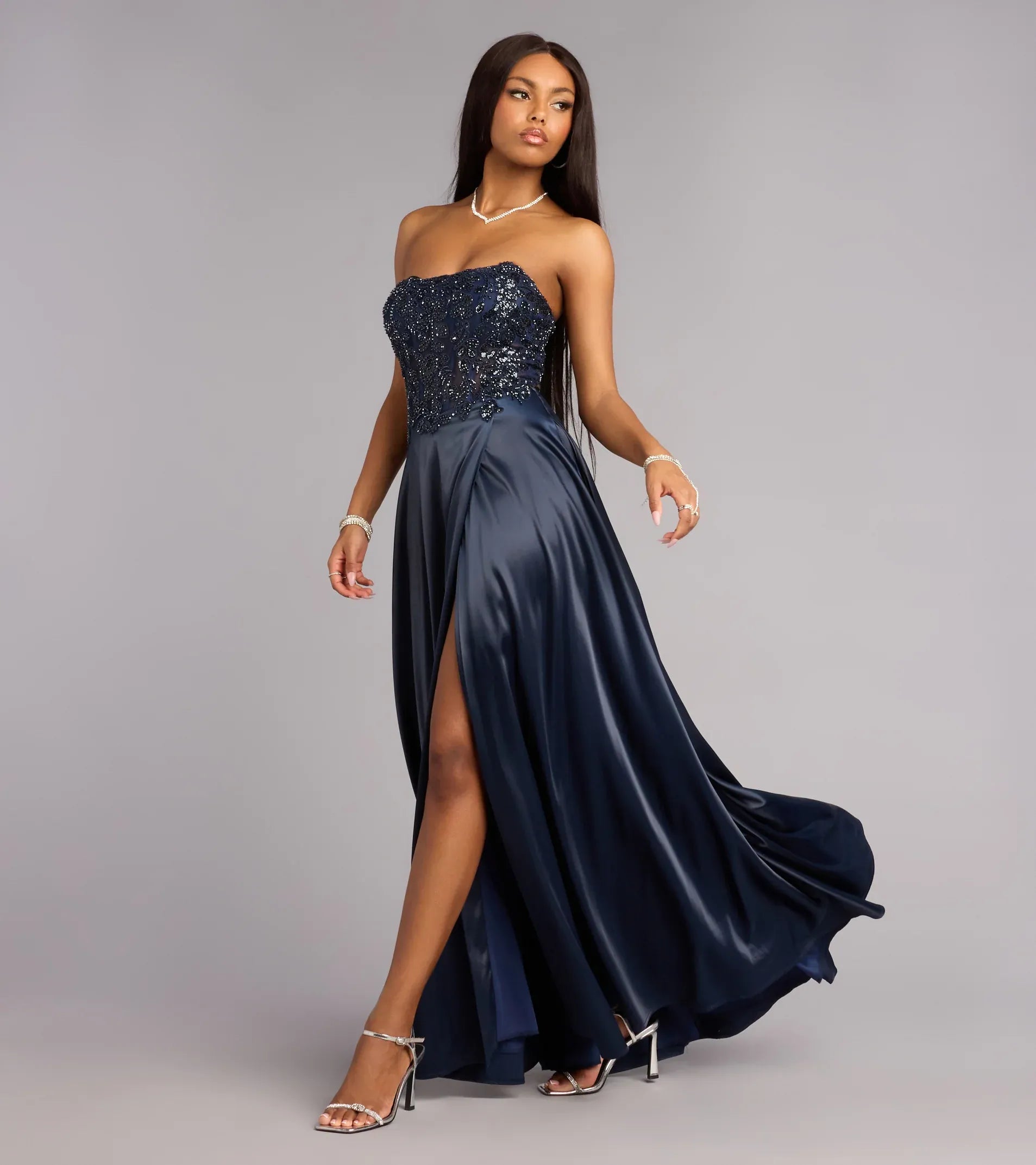 Strapless Sweetheart Beaded Corset Lace-Up Back Satin High-Slit A-Line Maxi Prom Dress