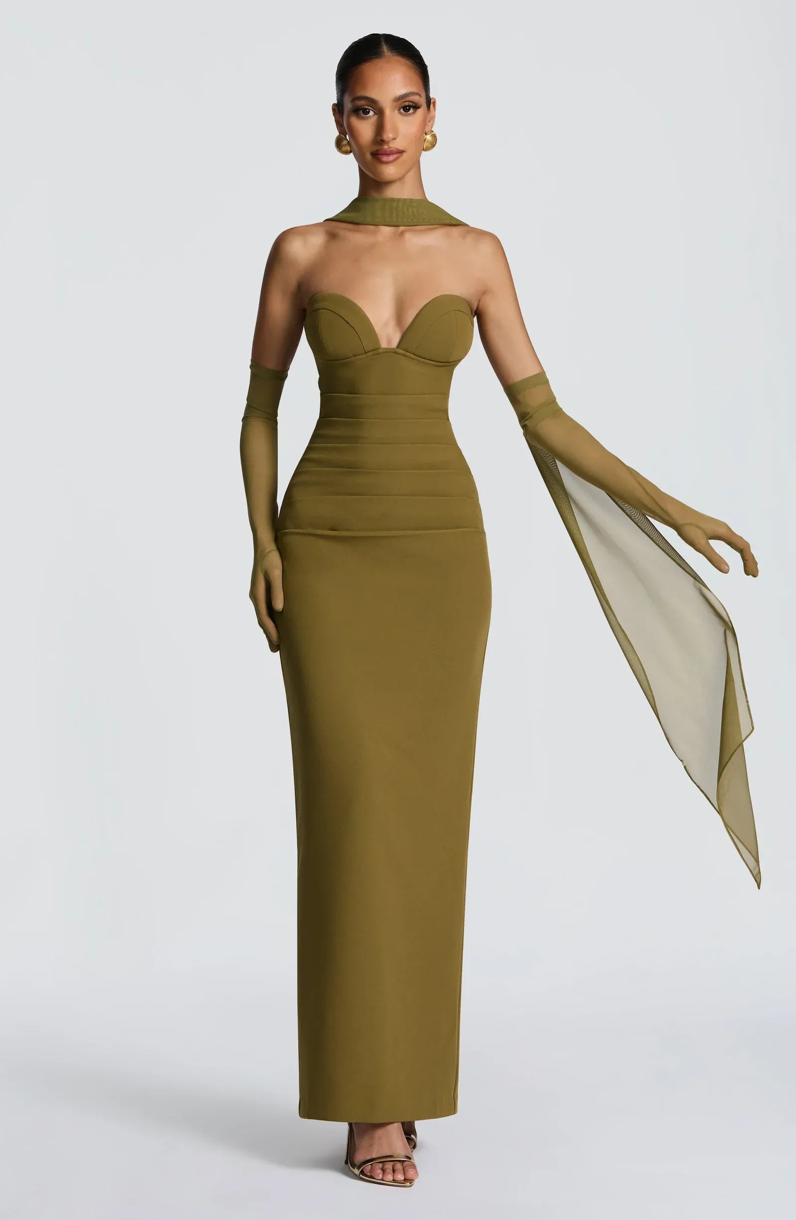 Strapless Sweetheart Bust Choker Mesh Gloves Waist Ruched Olive Green Midi Bodycon Wedding Guest Dresses