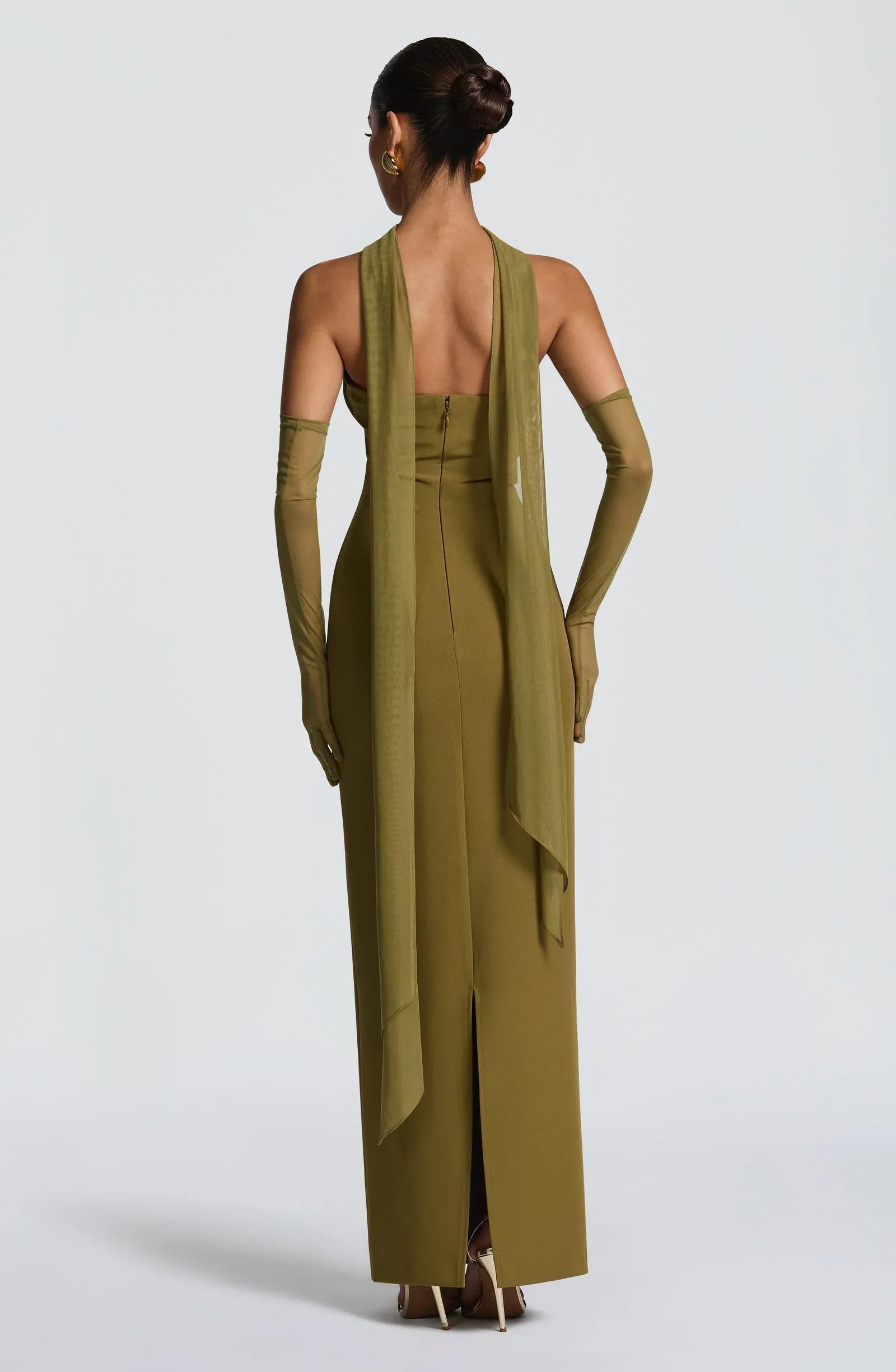 Strapless Sweetheart Bust Choker Mesh Gloves Waist Ruched Olive Green Midi Bodycon Wedding Guest Dresses