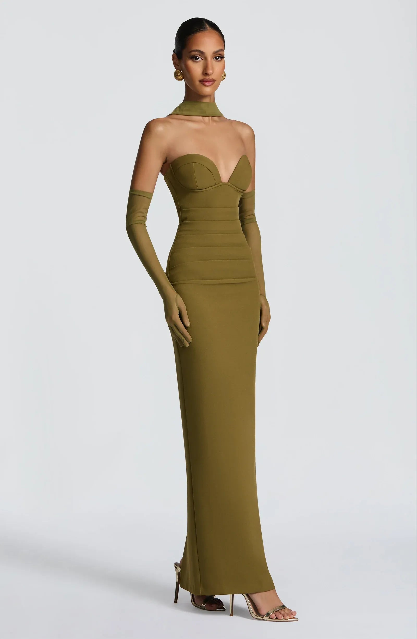 Strapless Sweetheart Bust Choker Mesh Gloves Waist Ruched Olive Green Midi Bodycon Wedding Guest Dresses