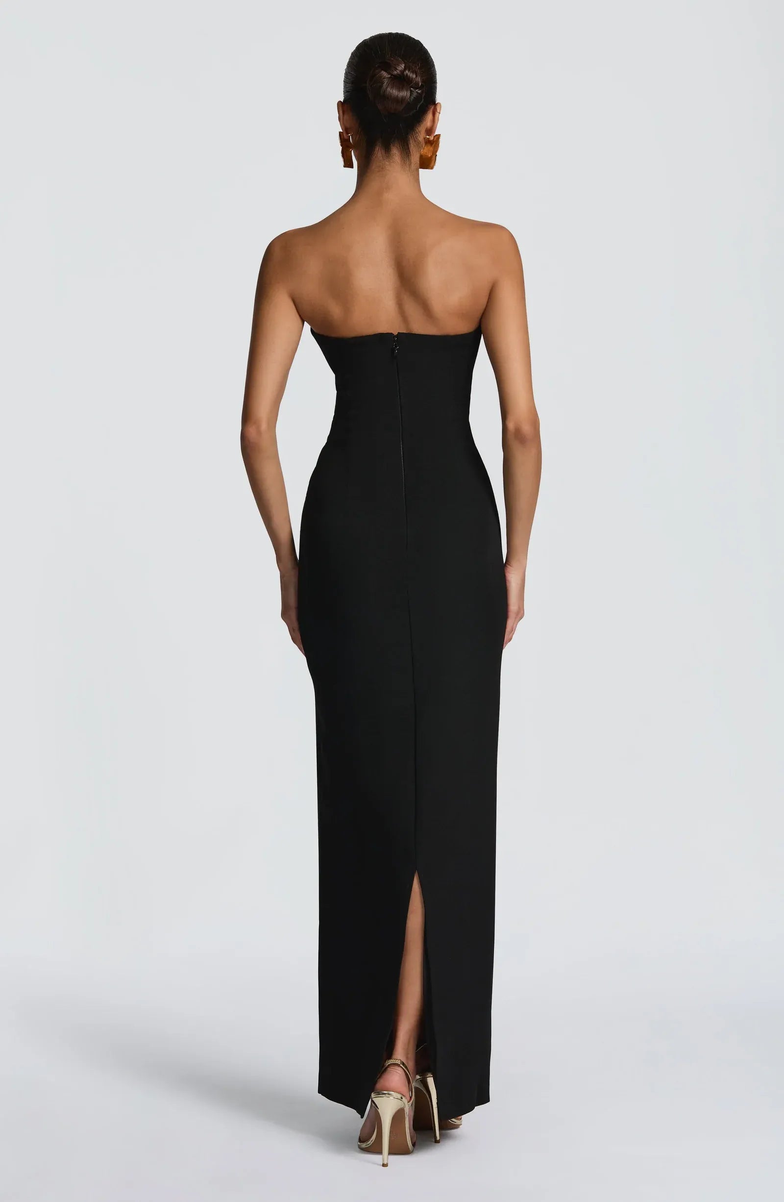 Strapless Sweetheart Bust Choker Mesh Sash Back Split Black Jersey Mermaid Maxi Wedding Guest Dresses