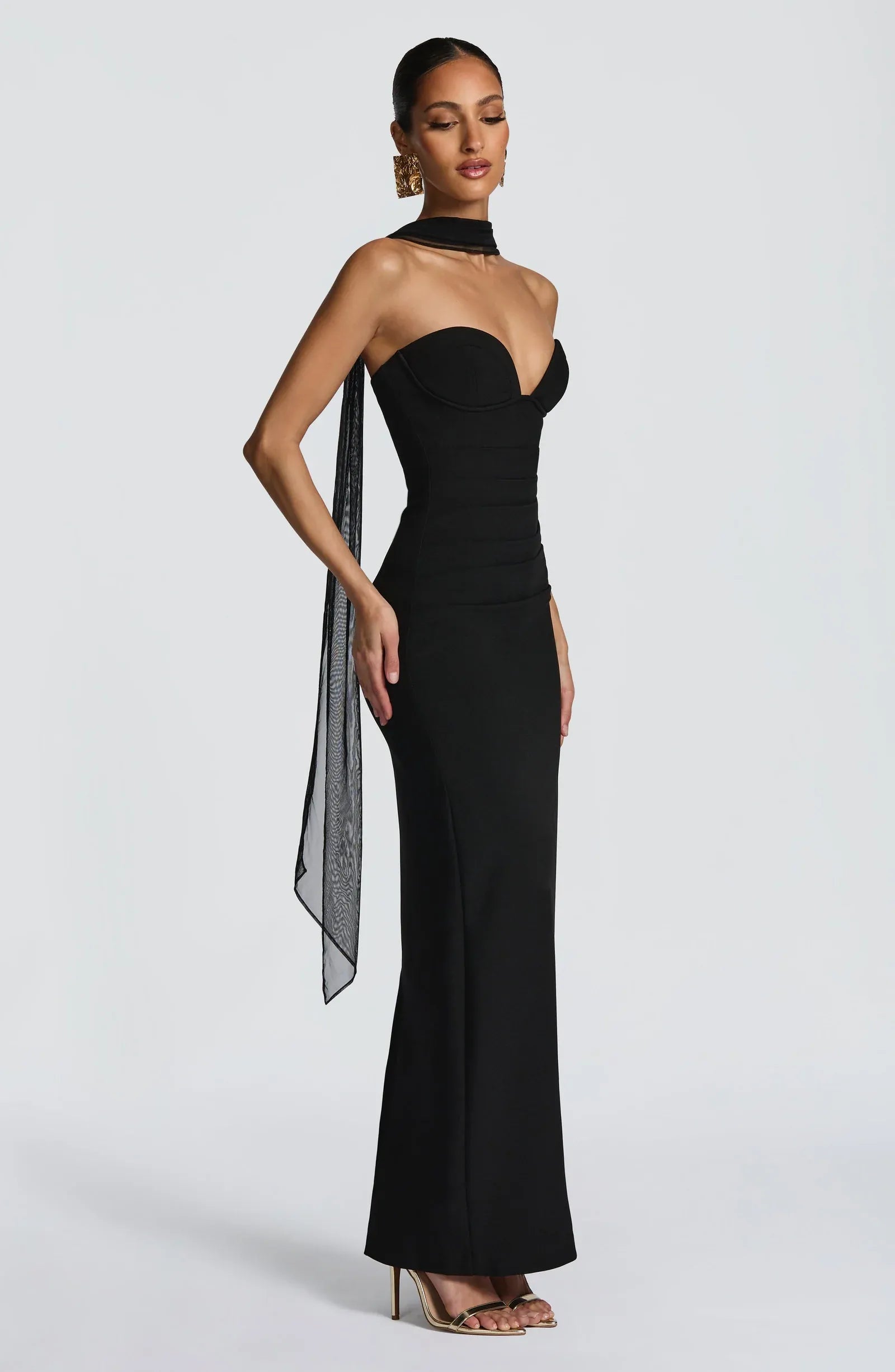 Strapless Sweetheart Bust Choker Mesh Sash Back Split Black Jersey Mermaid Maxi Wedding Guest Dresses