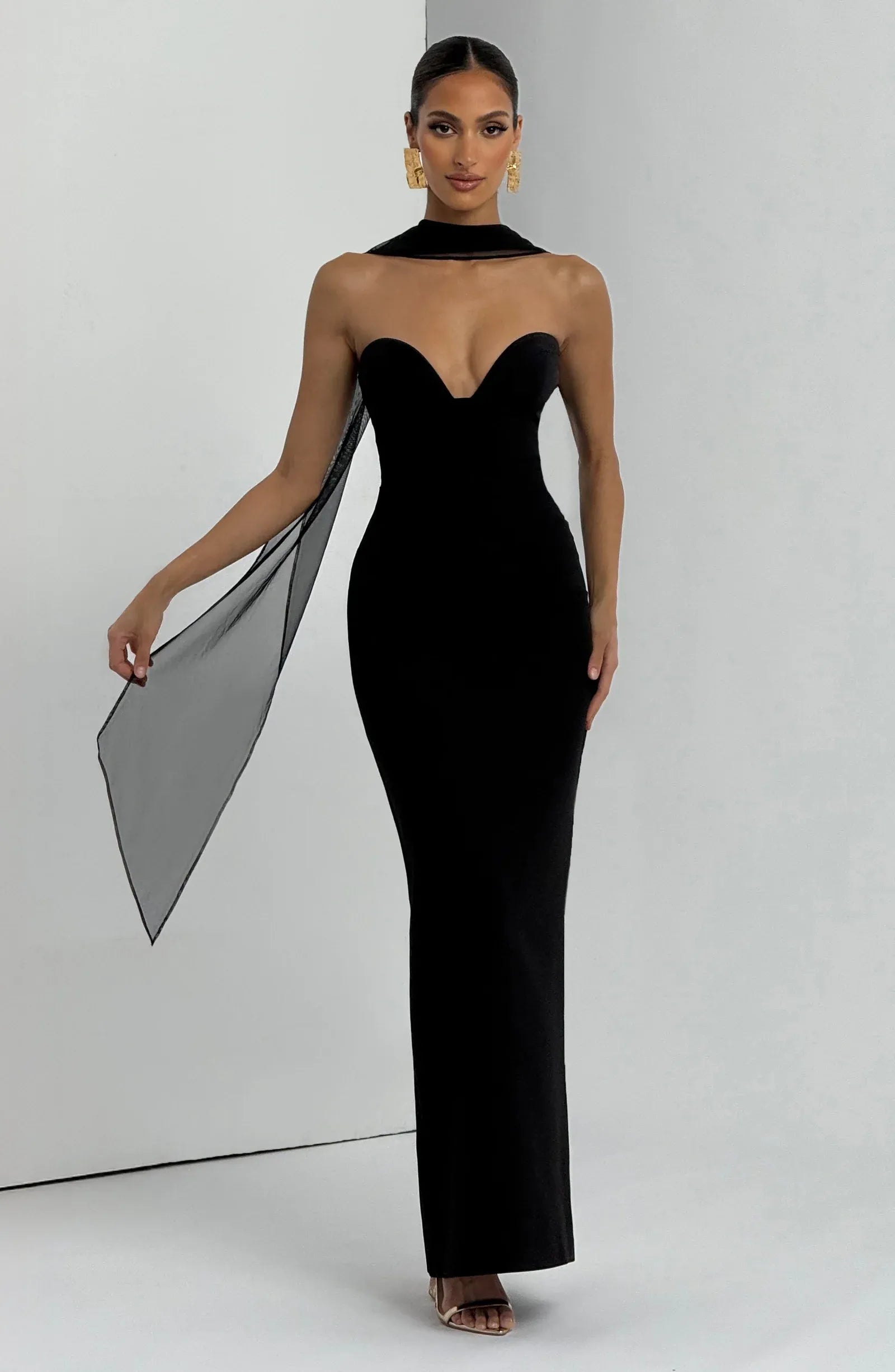 Strapless Sweetheart Bust Choker Mesh Sash Back Split Black Jersey Mermaid Maxi Wedding Guest Dresses