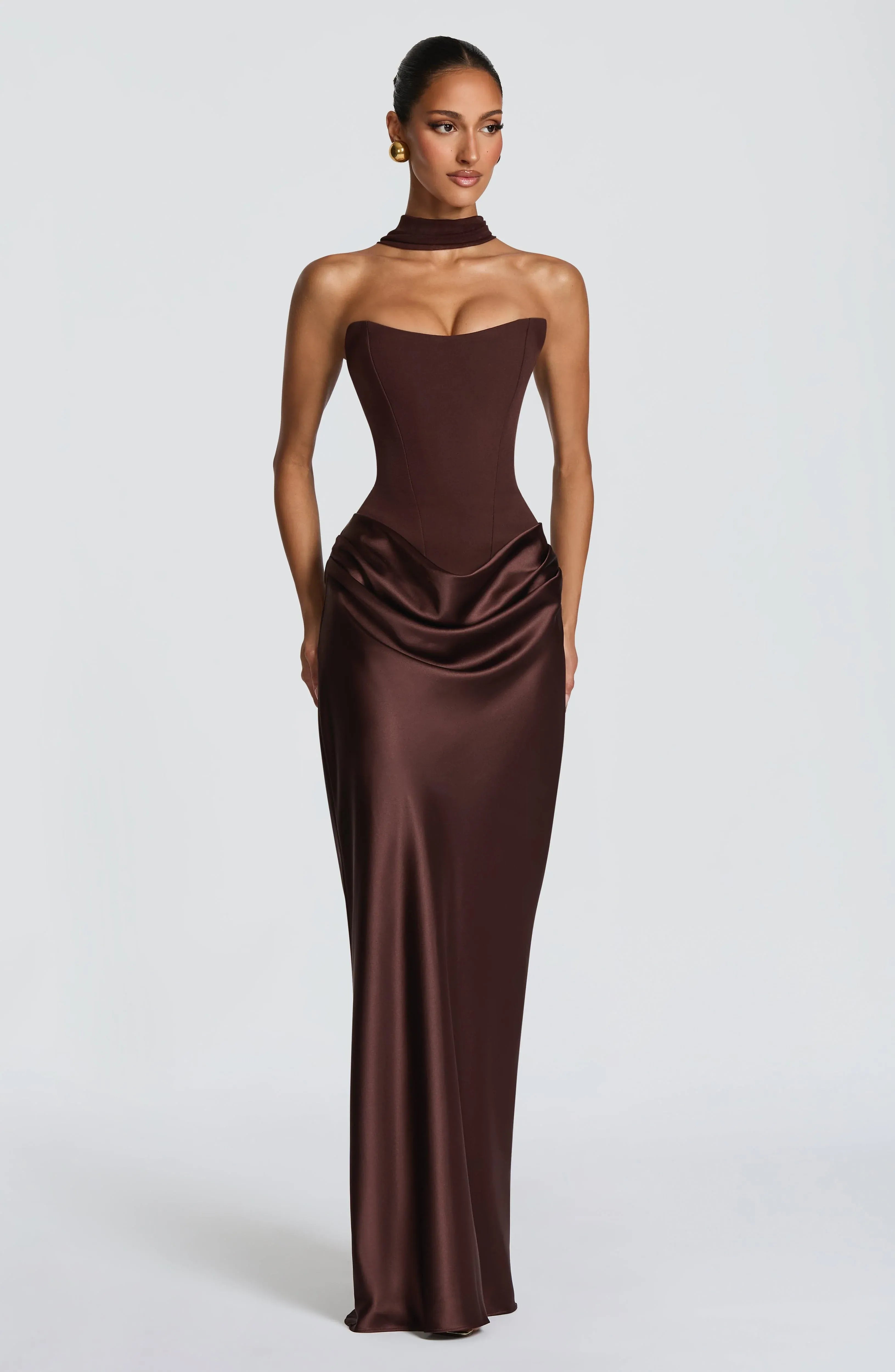 Strapless Sweetheart Corset Bodice Draped Waist Dark Brown Satin Mermaid Maxi Wedding Guest Dresses