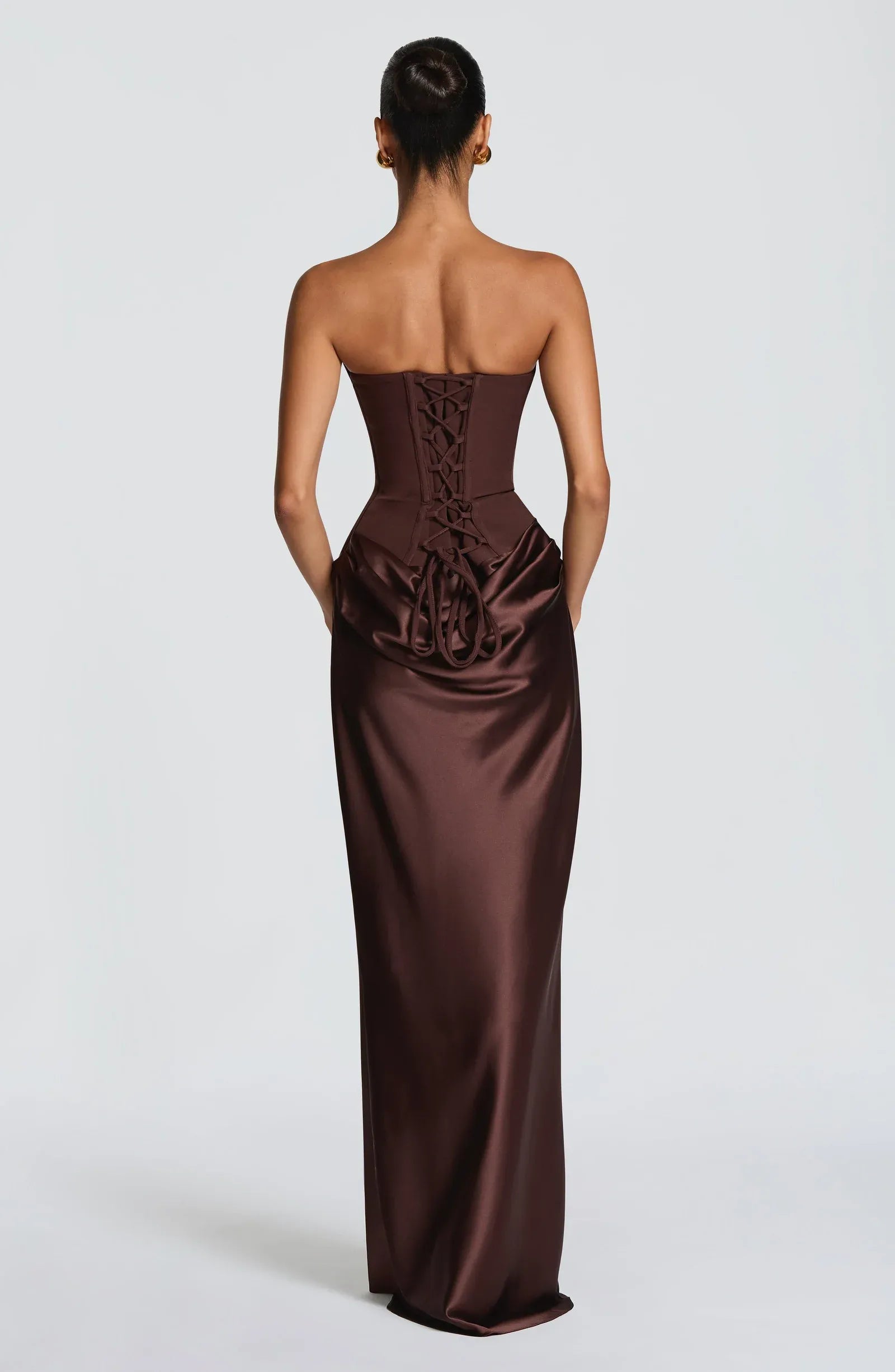 Strapless Sweetheart Corset Bodice Draped Waist Dark Brown Satin Mermaid Maxi Wedding Guest Dresses
