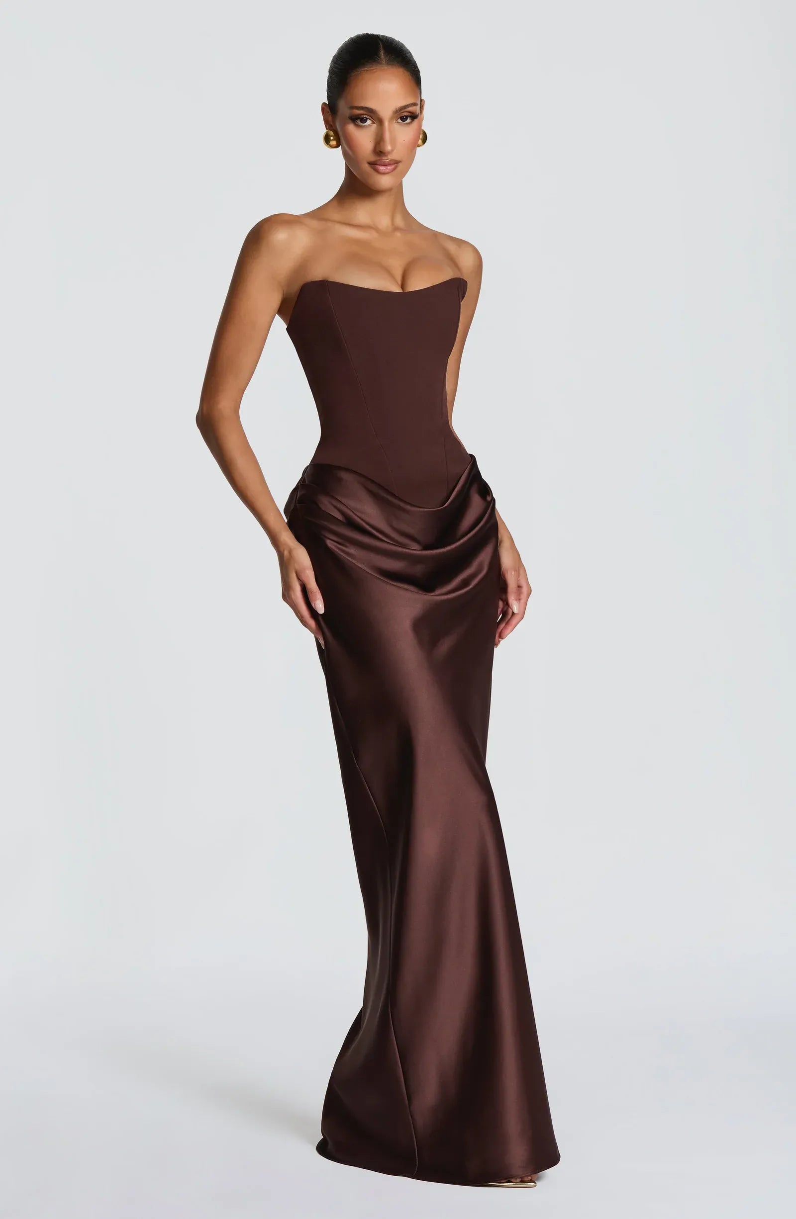 Strapless Sweetheart Corset Bodice Draped Waist Dark Brown Satin Mermaid Maxi Wedding Guest Dresses