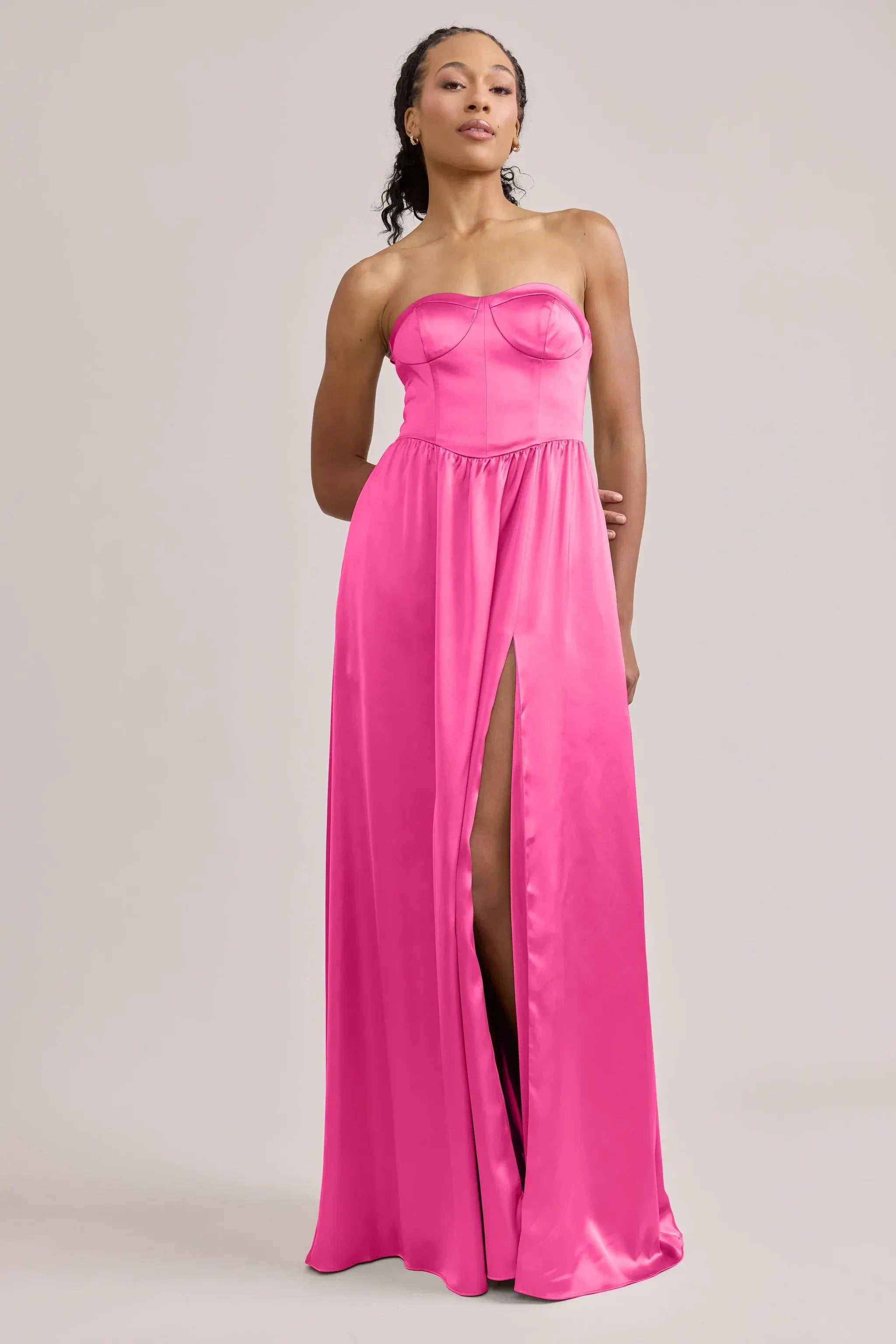 Strapless Sweetheart Corset Lace-Up Back High Slit A Line Satin Long Bridesmaid Dress