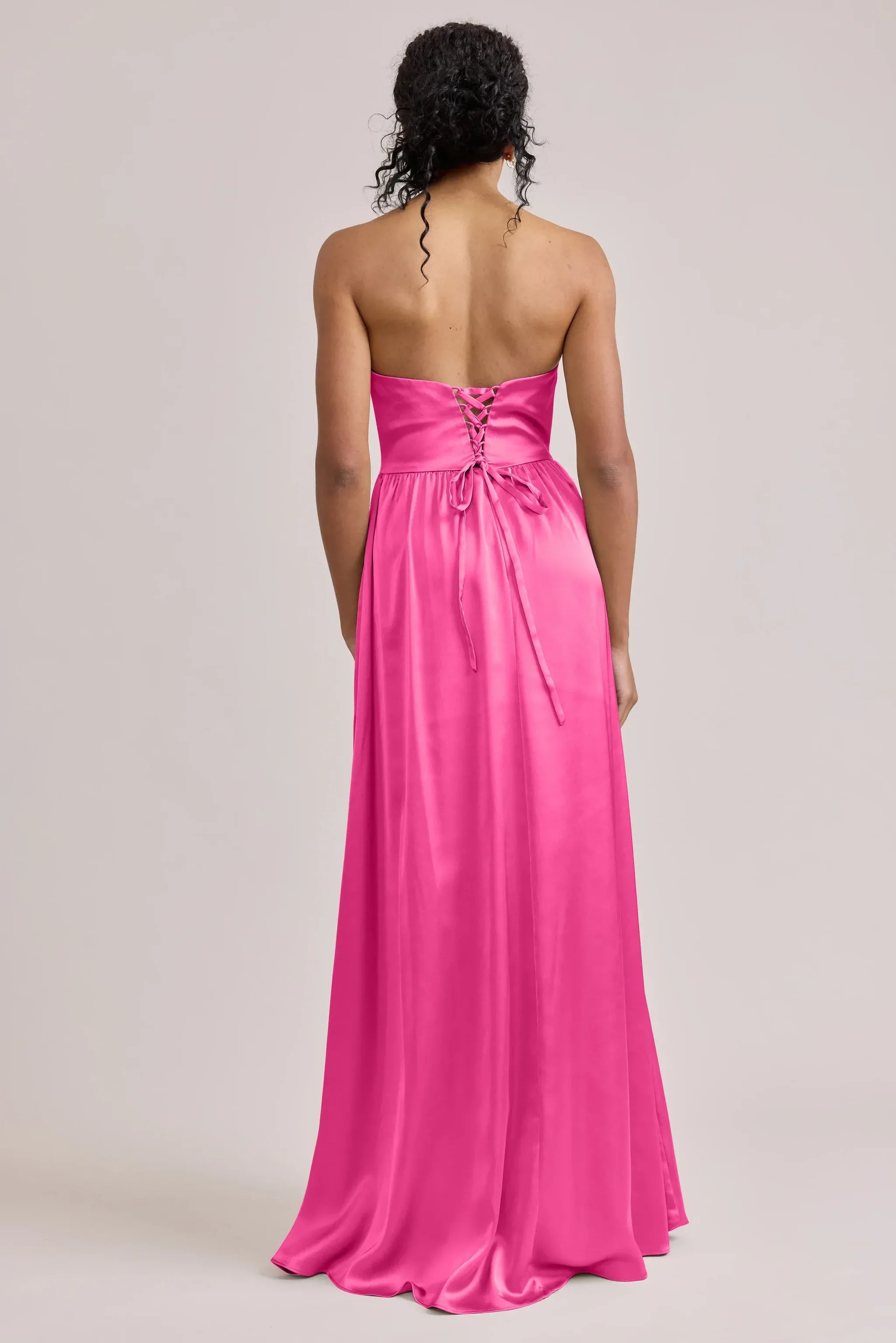 Strapless Sweetheart Corset Lace-Up Back High Slit A Line Satin Long Bridesmaid Dress