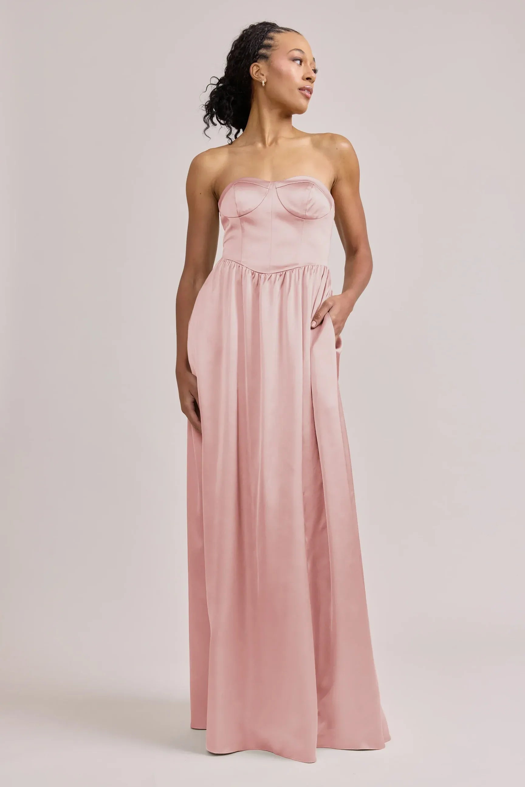 Strapless Sweetheart Corset Lace-Up Back Pocket A Line Satin Long Bridesmaid Dress