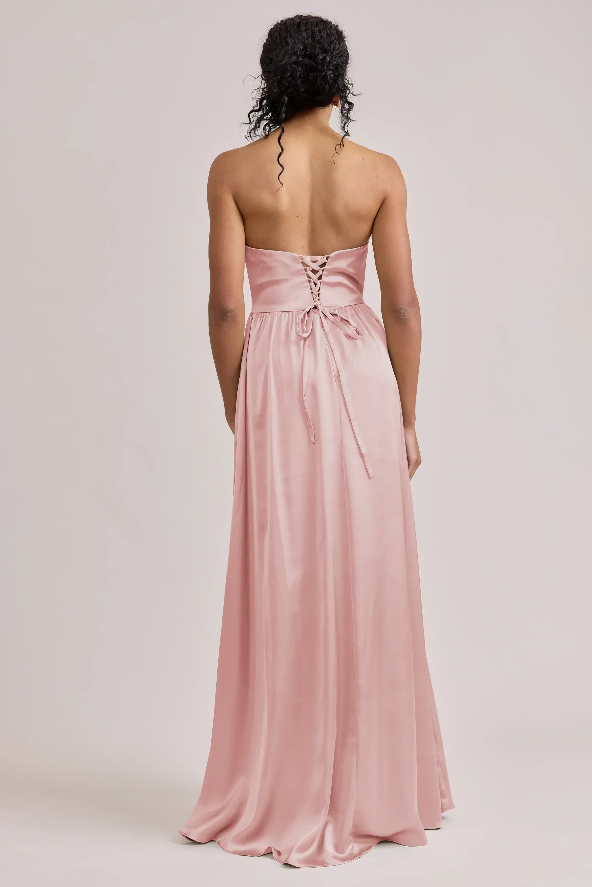 Strapless Sweetheart Corset Lace-Up Back Pocket A Line Satin Long Bridesmaid Dress