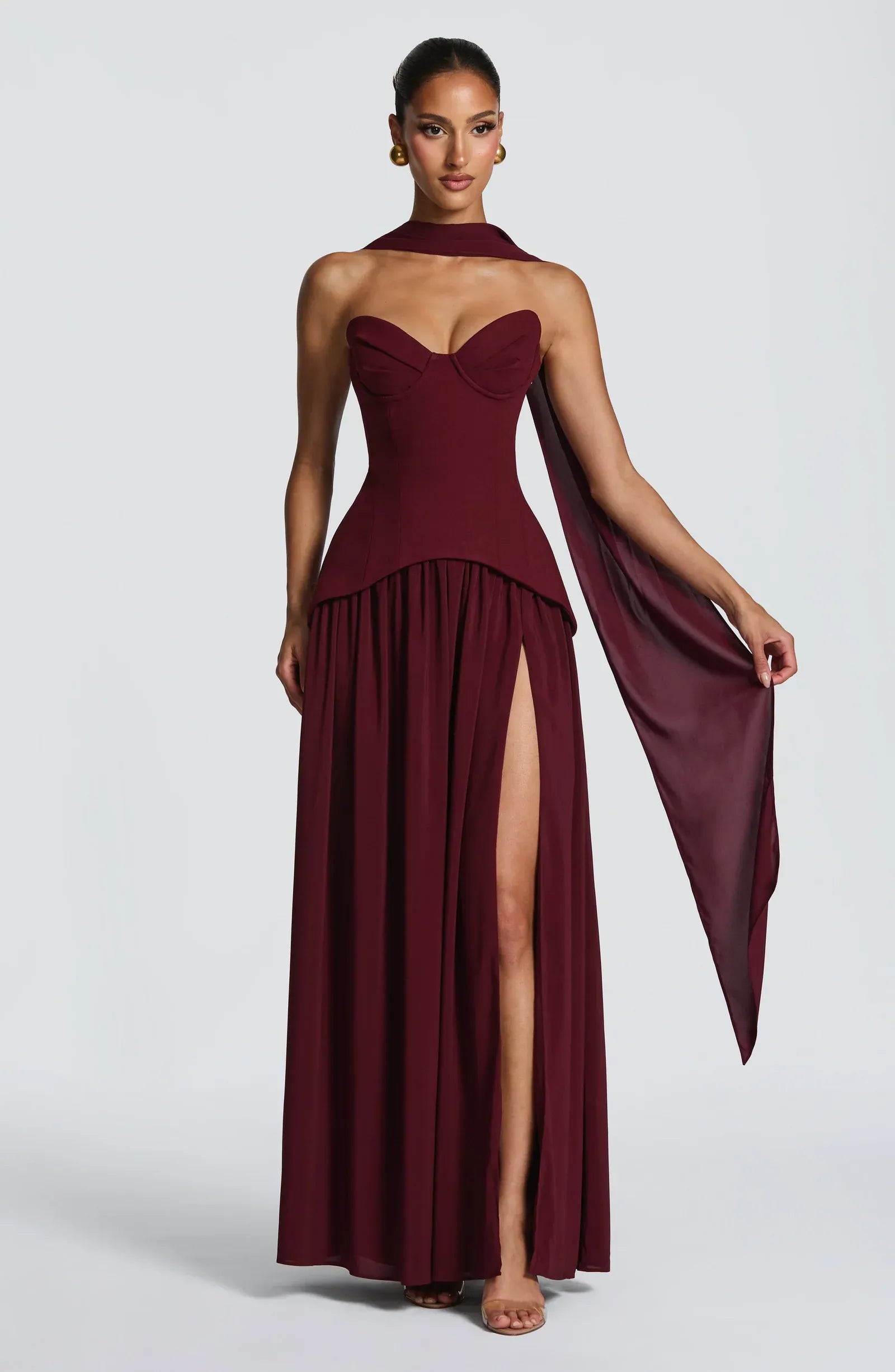 Strapless Sweetheart Corset Waist Choker Sash High Slit Burgundy Two Fabric A Line Maxi Wedding Guest Dresses