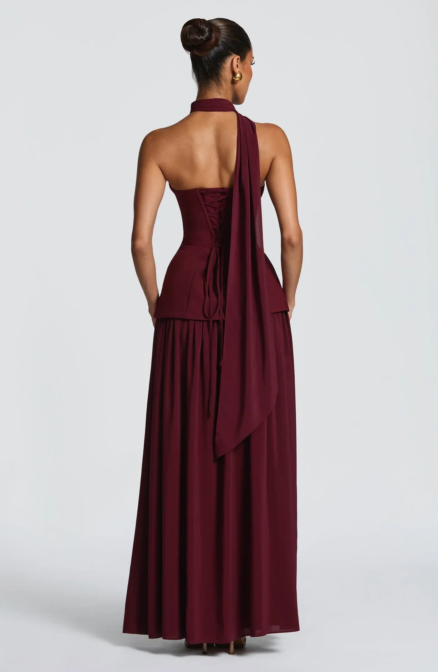 Strapless Sweetheart Corset Waist Choker Sash High Slit Burgundy Two Fabric A Line Maxi Wedding Guest Dresses