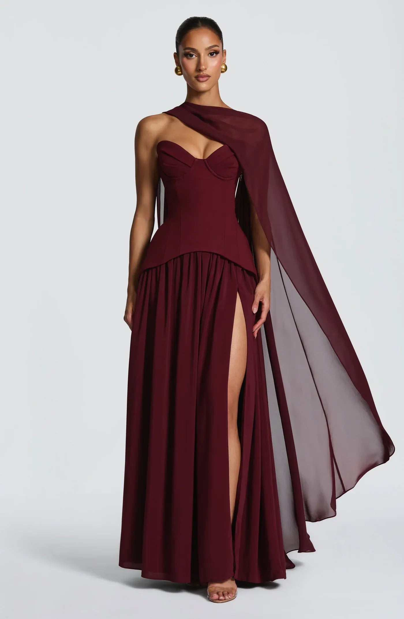 Strapless Sweetheart Corset Waist Choker Sash High Slit Burgundy Two Fabric A Line Maxi Wedding Guest Dresses