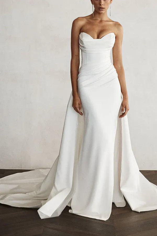 Strapless Sweetheart Corset Wrap Ruched Oversized Side Train Mermaid Satin Simple Wedding Dress