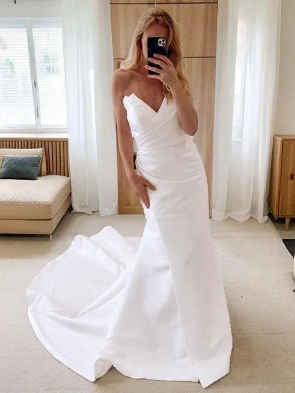 Strapless Sweetheart Cross Ruched Satin High Slit Mermaid Wedding Dress
