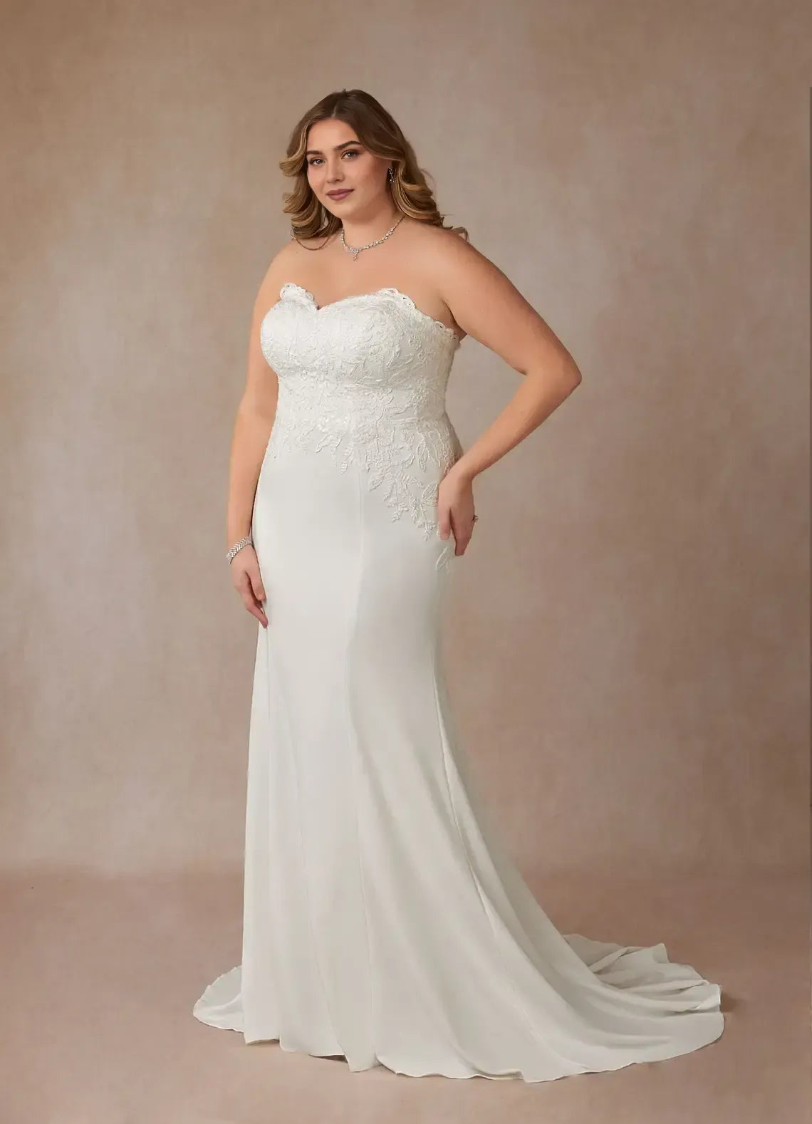 Strapless Sweetheart Floral Lace Plus Size Chiffon Mermaid Wedding Dress With Sweep Train