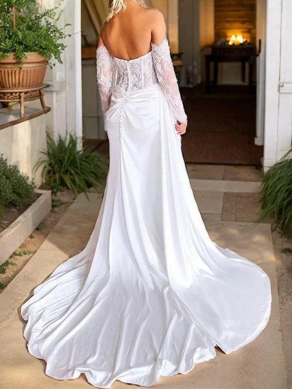 Strapless Sweetheart Lace Corset Detachable Long Sleeve High Slit Satin Mermaid Wedding Dress