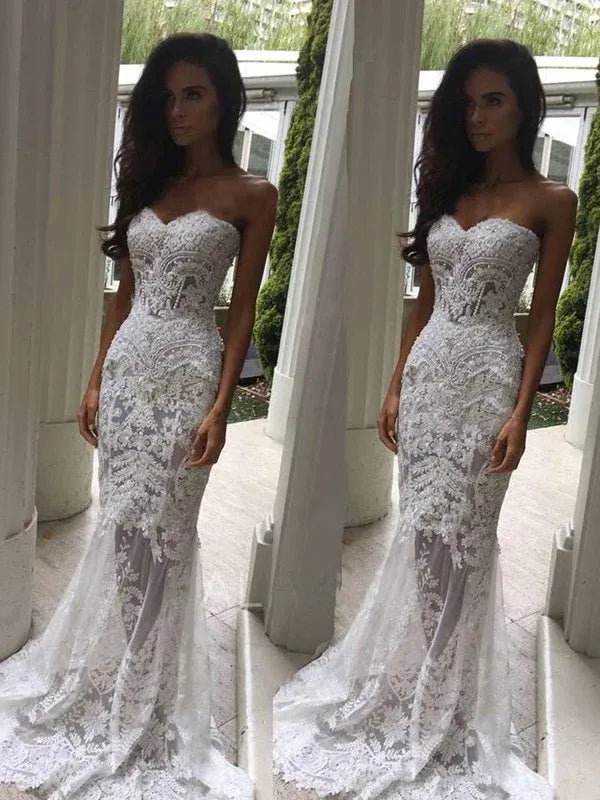 Strapless Sweetheart‑Neck Sheer‑Lace Mermaid Wedding Dress With Scalloped‑Train Detail
