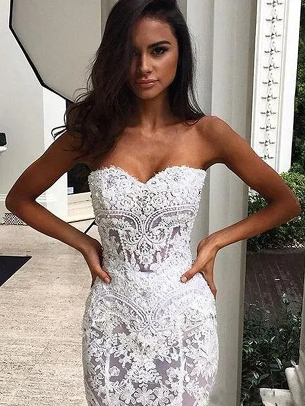 Strapless Sweetheart‑Neck Sheer‑Lace Mermaid Wedding Dress With Scalloped‑Train Detail